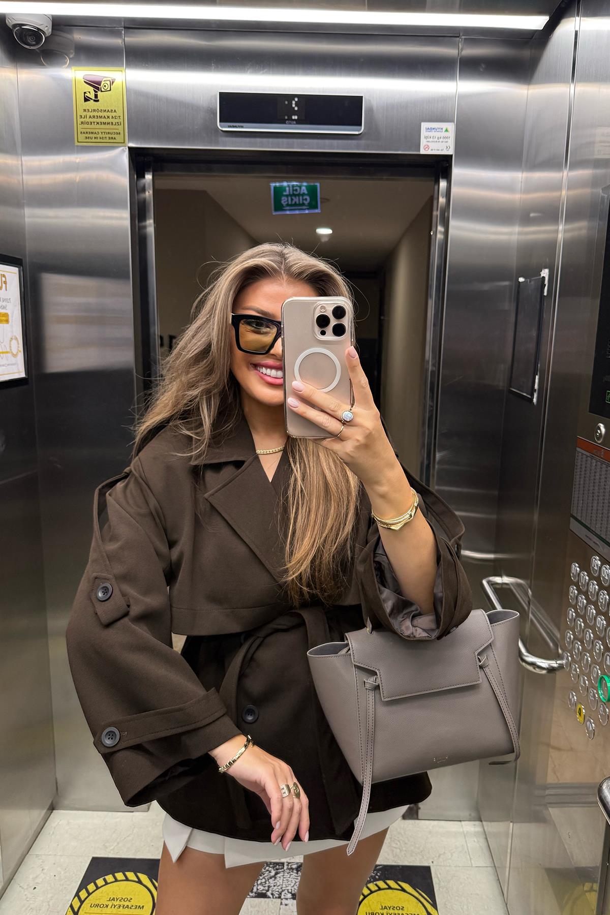 Premium Seri Lüx Double Kumaş Orta Boy Trençkot Acı Kahve