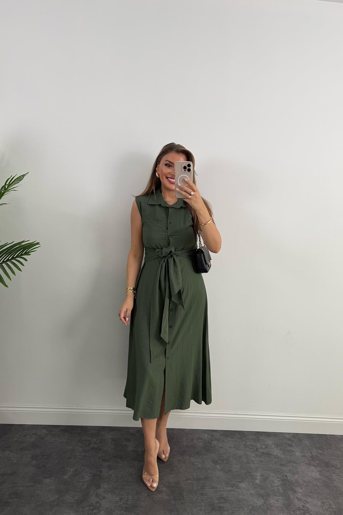 Premium Seri Mng Model Kuşaklı Midi Gömlek Elbise Haki