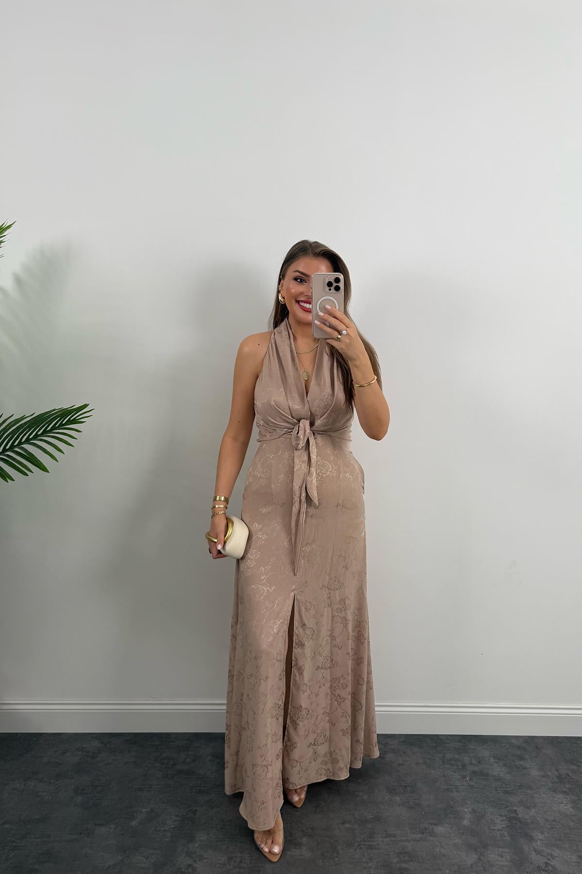 Premium Seri Önü Bağlamalı Maxi Tasarım Elbise Taş