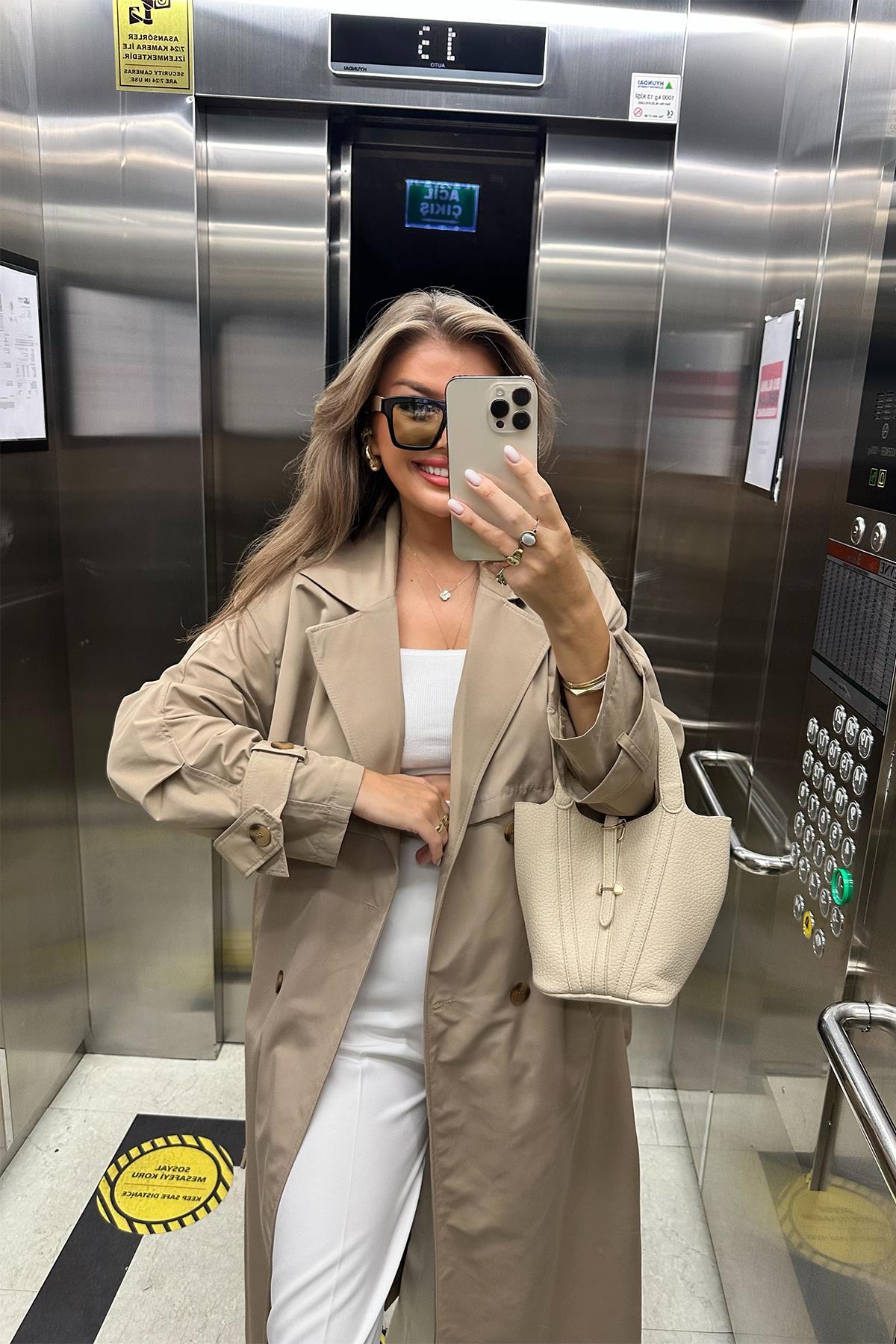 Premium Seri Özel Kumaş Kolu Kemerli Maxi Boy Trençkot