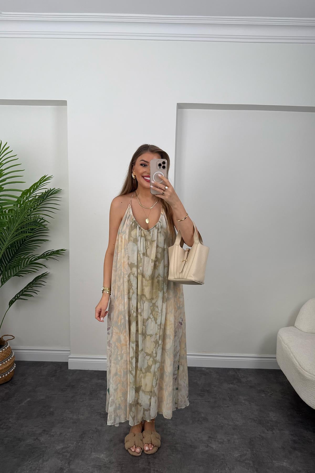 Premium Seri Patchwork Tasarım Maxi Elbise Soft Ton