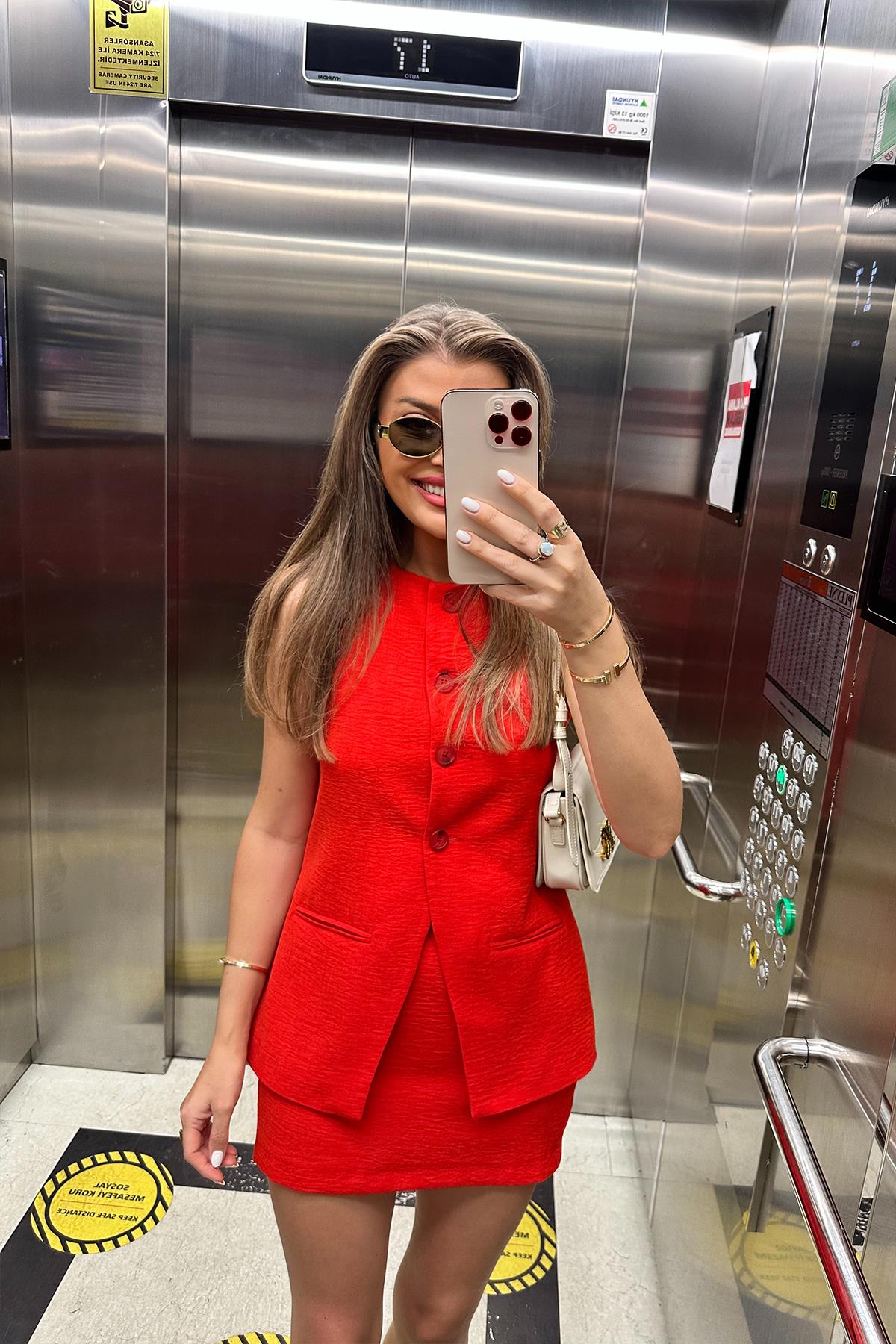 Premium Seri Pinterest Model Etek Yelek Takım Keten Versiyon Kırmızı