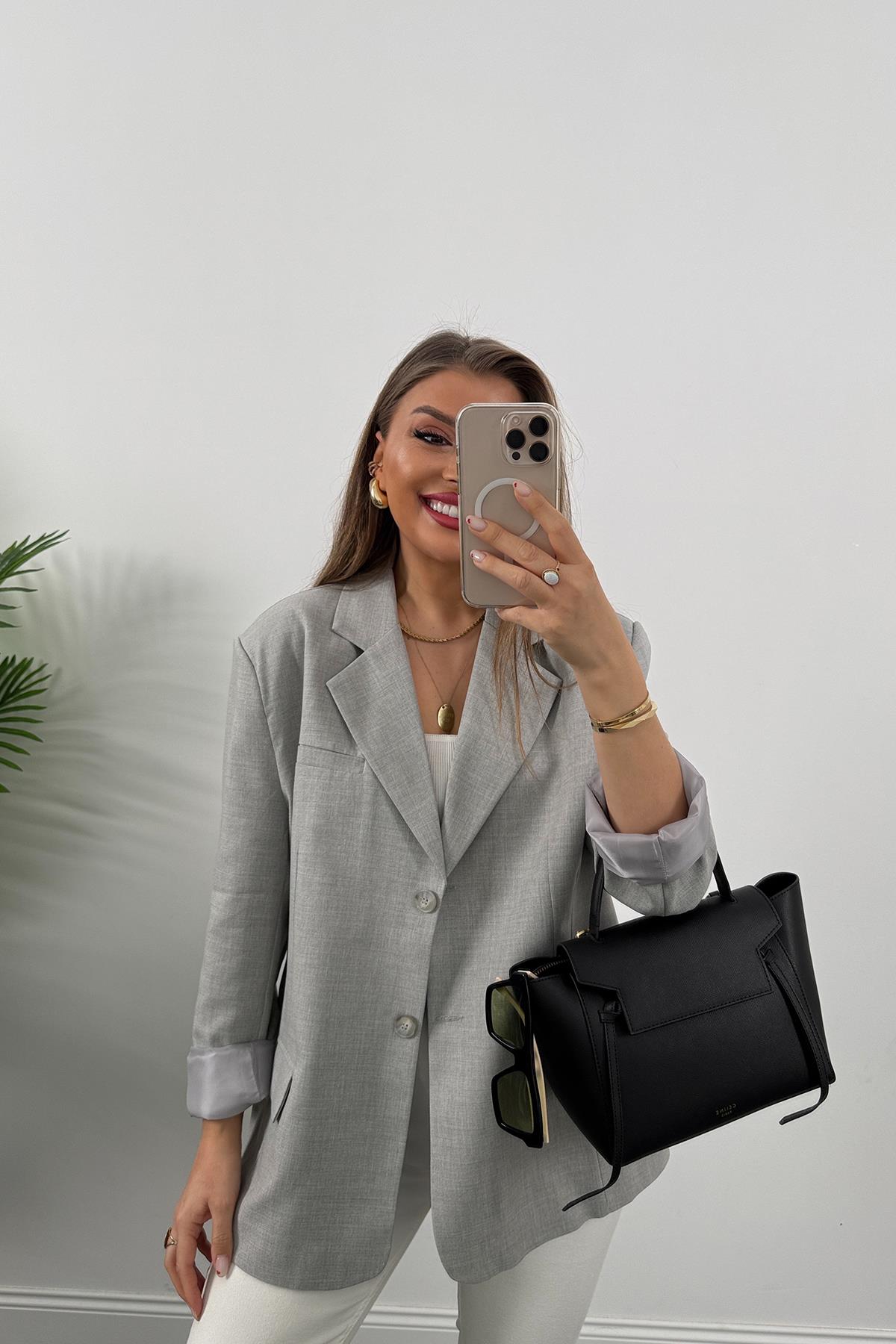 Premium Seri Pinterest Model Oversize Poliviskon Blazer Ceket Gri