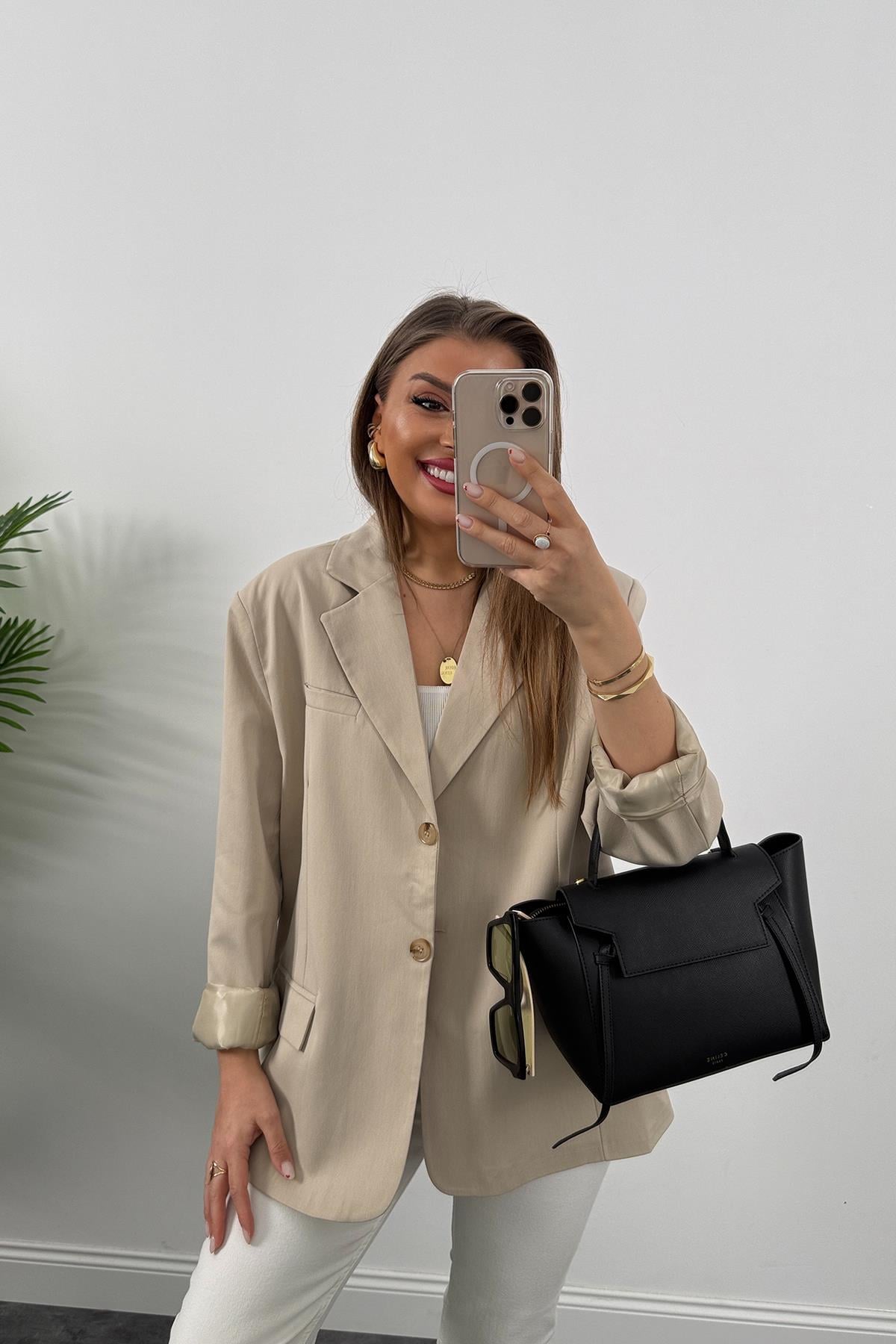 Premium Seri Pinterest Model Oversize Poliviskon Blazer Ceket Taş