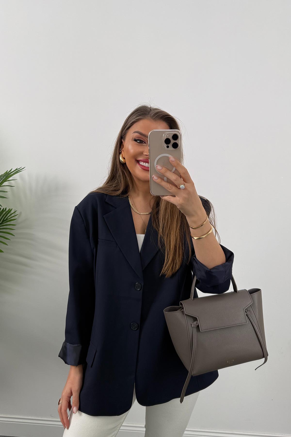 Premium Seri Pinterest Model Oversize Poliviskon Blazer Ceket Lacivert