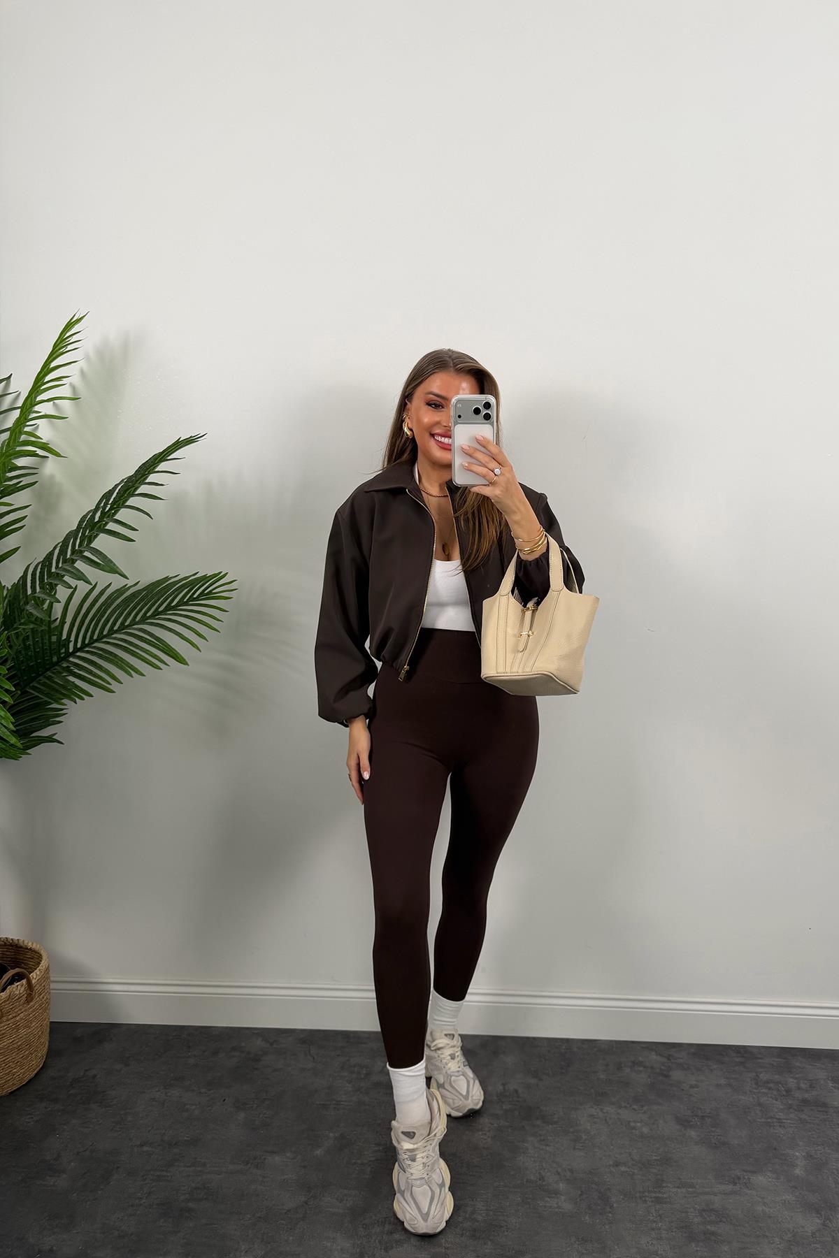 Premium Seri Poliviskon Bomber Ceket Acı Kahve