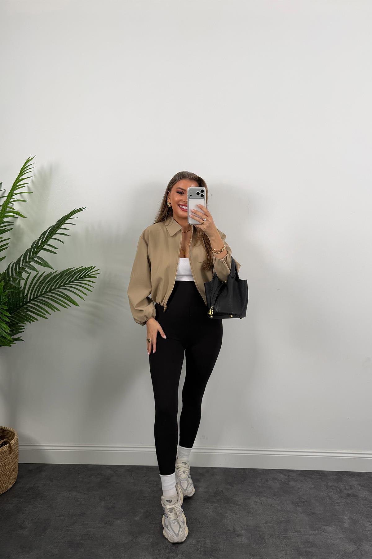 Premium Seri Poliviskon Bomber Ceket Camel