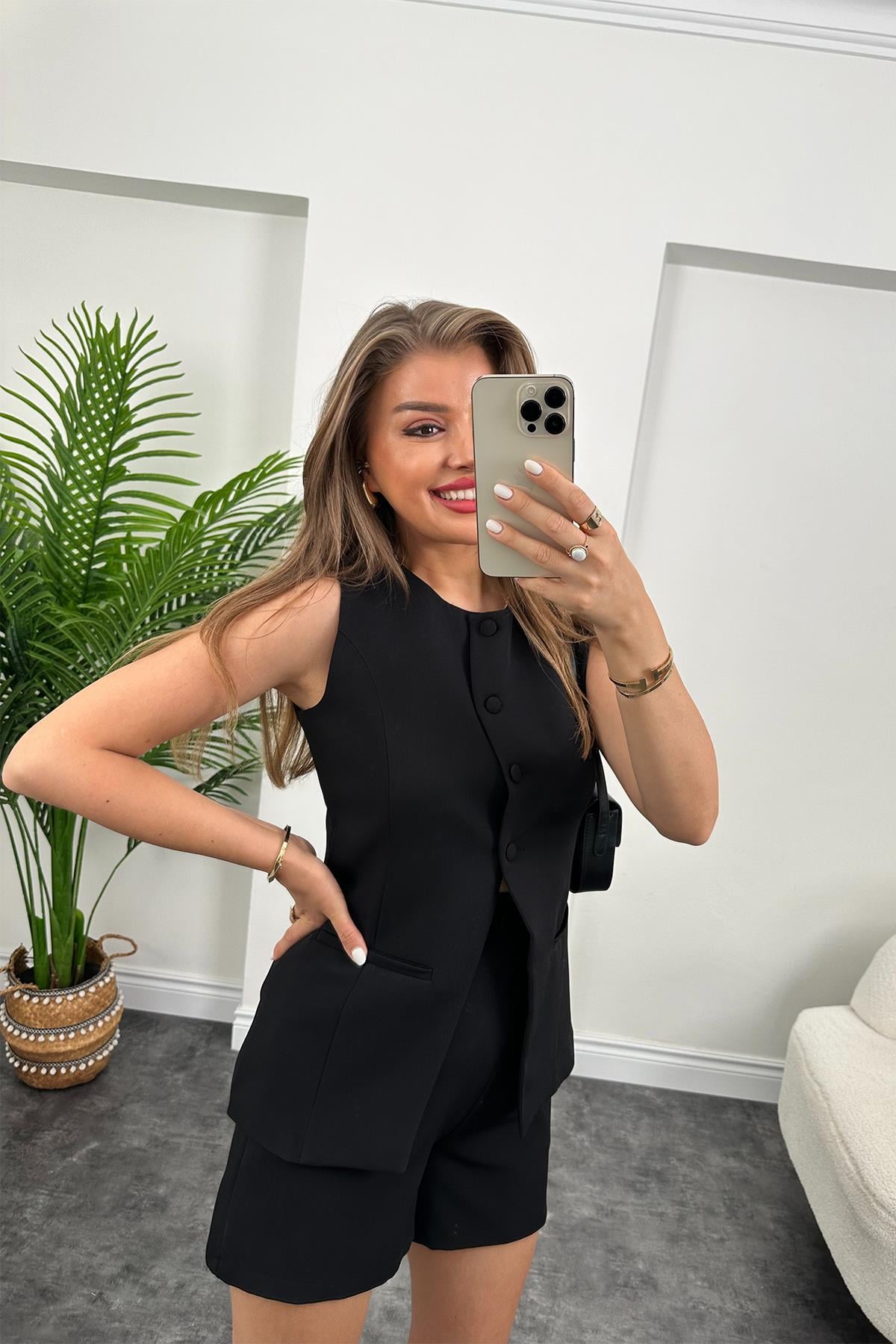 Premium Seri Şehir Boy Şort Yelek Pinterest Takım Siyah