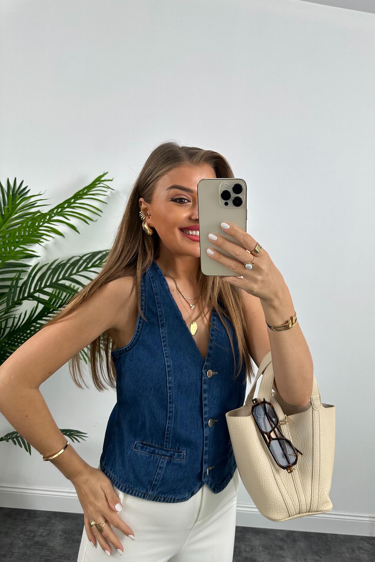 Premium Seri Tam Pamuklu Jean Yelek