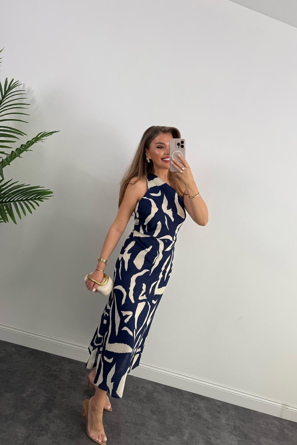 Premium Seri Tek Omuz Keten Midi Elbise Lacivert Krem