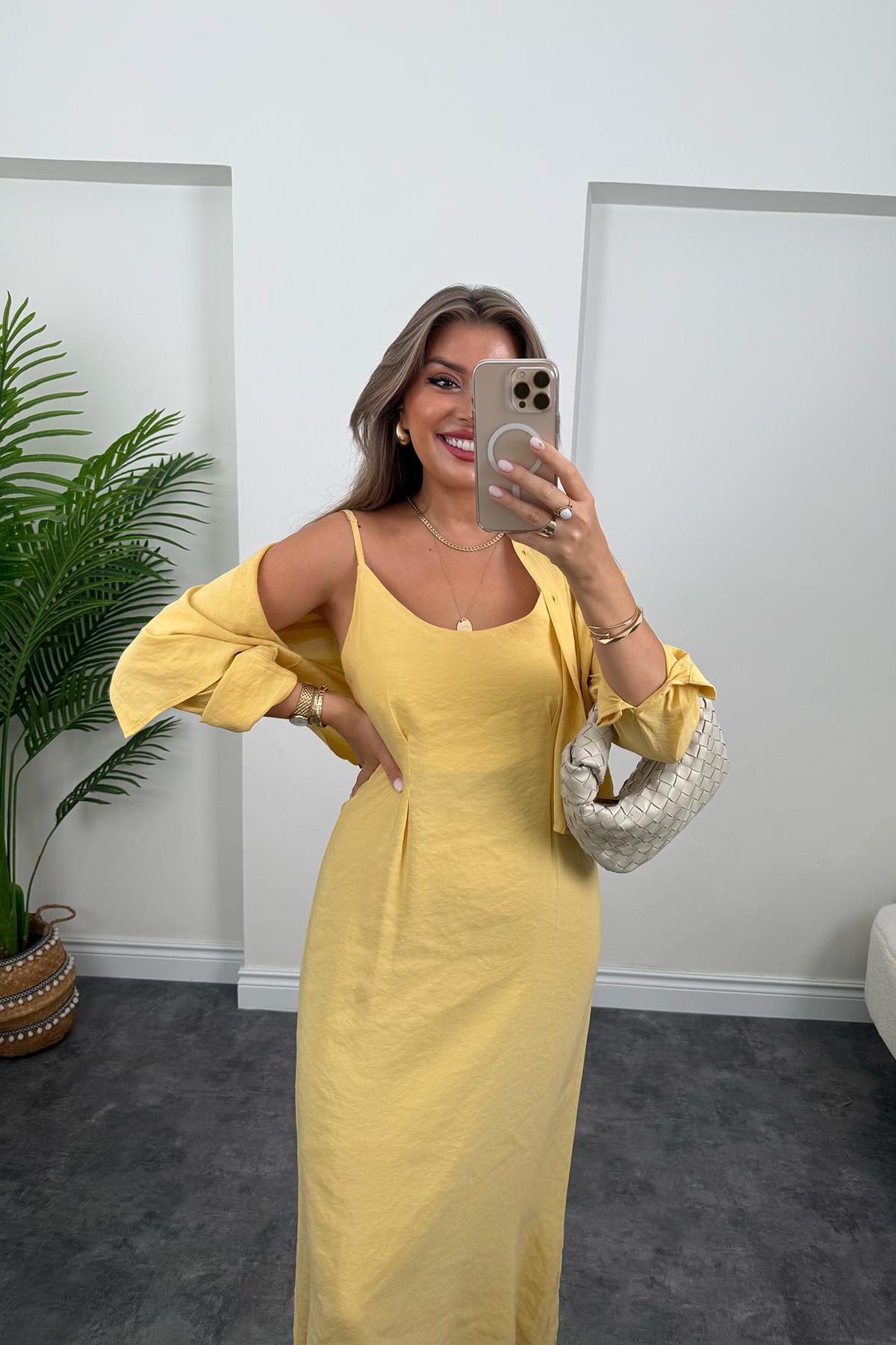 Premium Seri Tensel Kumaş Elbise Gömlek Takım Pastel Sarı