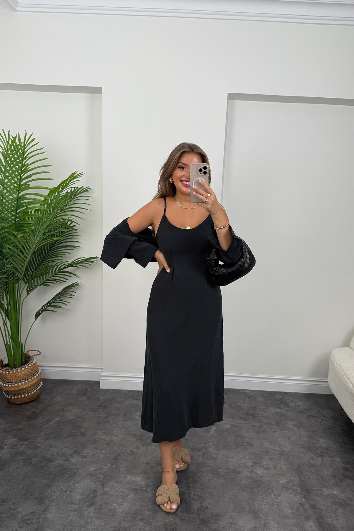 Premium Seri Tensel Kumaş Elbise Gömlek Takım Siyah