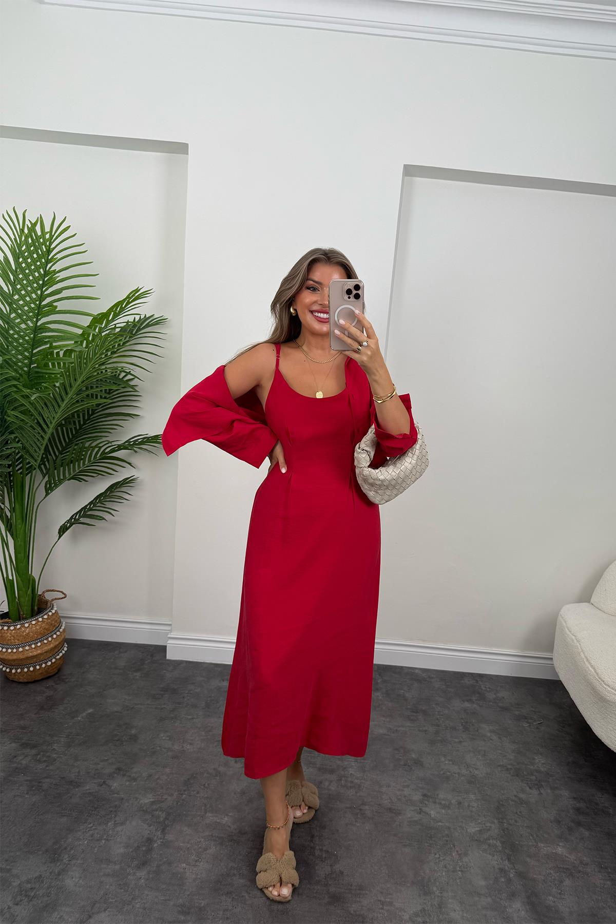 Premium Seri Tensel Kumaş Elbise Gömlek Takım Tatlı Kırmızı