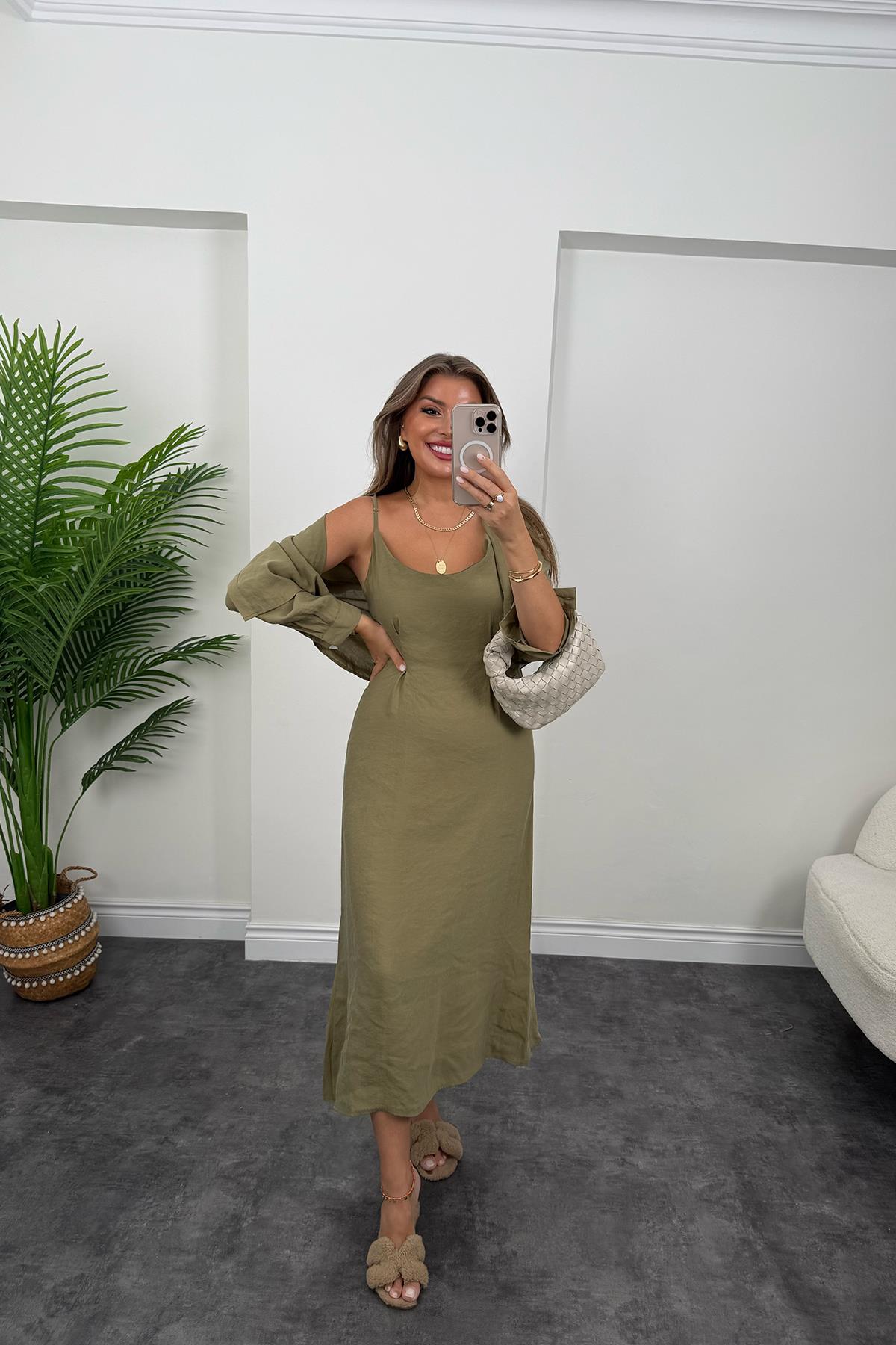 Premium Seri Tensel Kumaş Elbise Gömlek Takım Haki