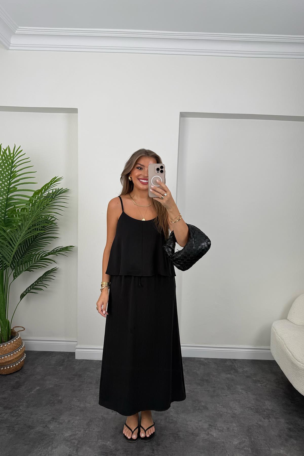 Premium Seri Tensel Kumaş Etek Bluz Takım Siyah