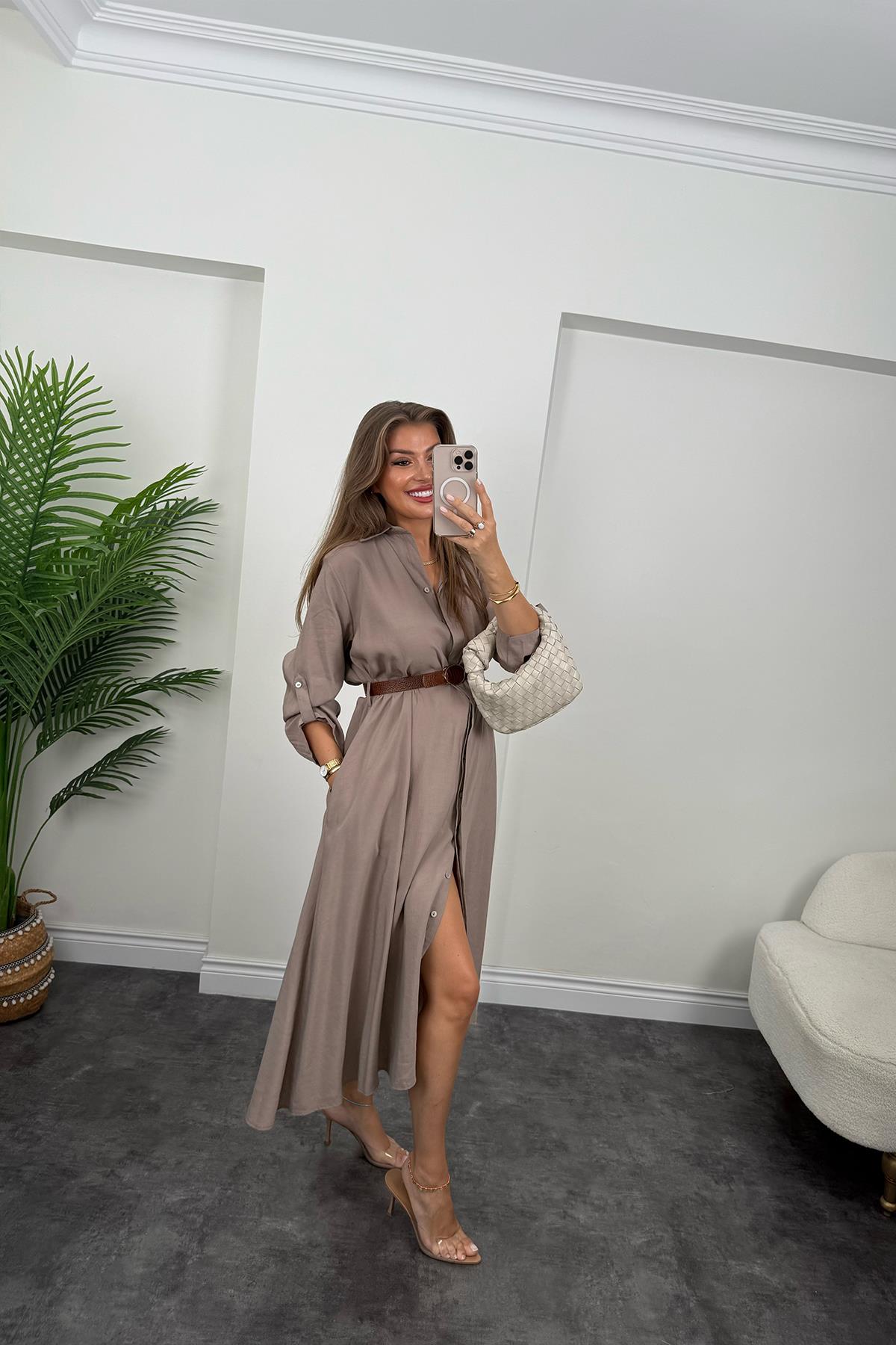 Premium Seri Tensel Kumaş Kemerli Salaş Gömlek Elbise Vizon