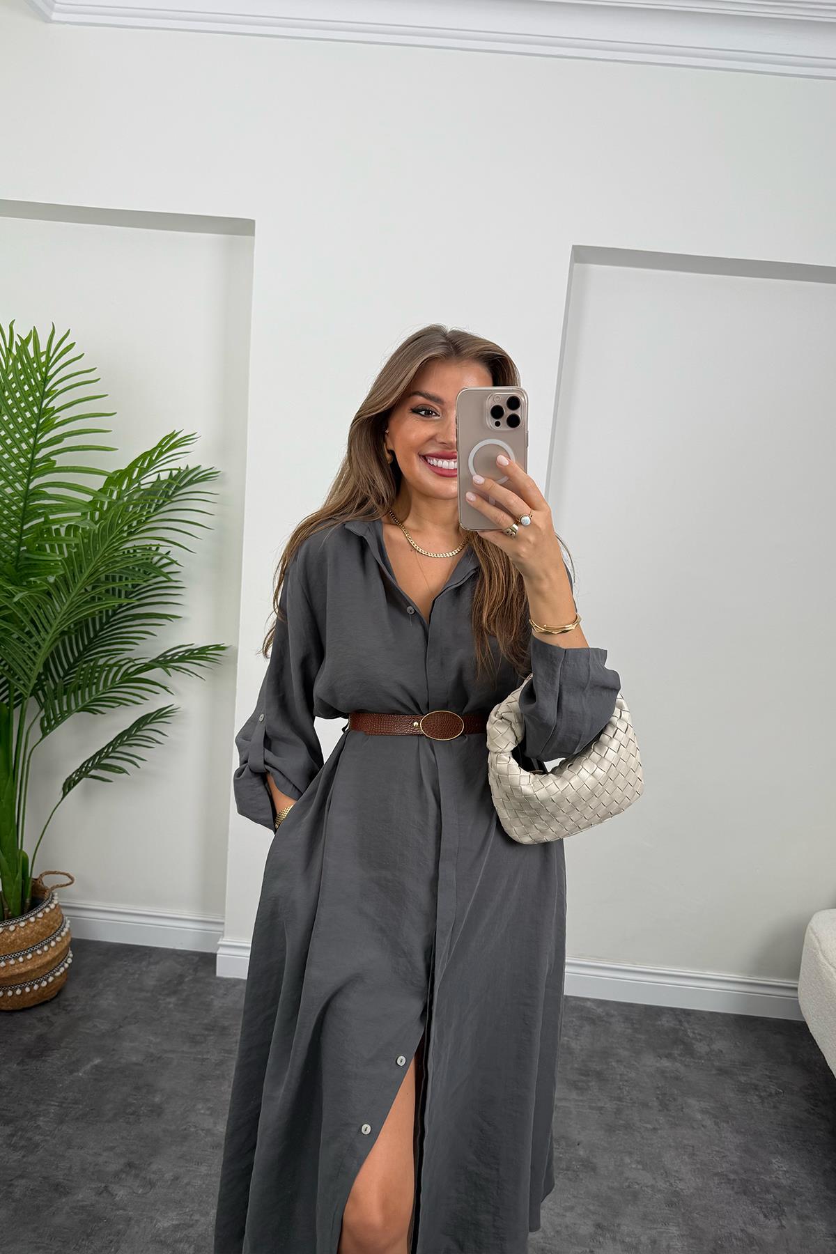 Premium Seri Tensel Kumaş Kemerli Salaş Gömlek Elbise Antrasit