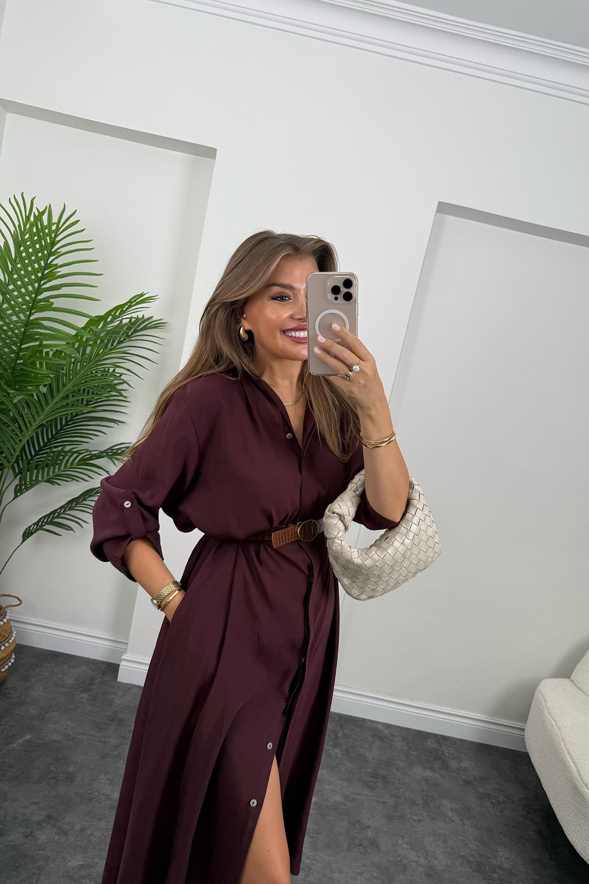 Premium Seri Tensel Kumaş Kemerli Salaş Gömlek Elbise Mürdüm