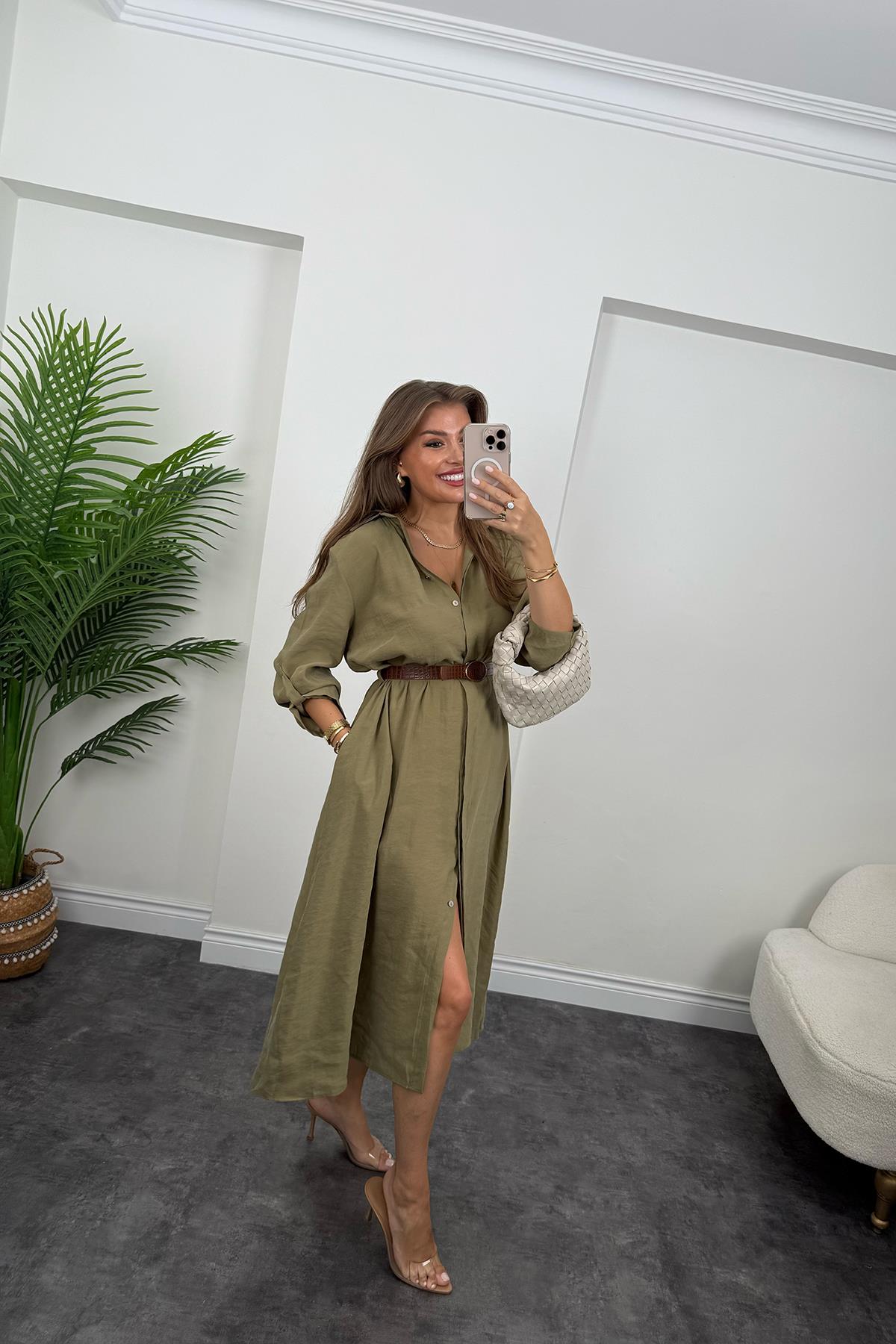 Premium Seri Tensel Kumaş Kemerli Salaş Gömlek Elbise Haki