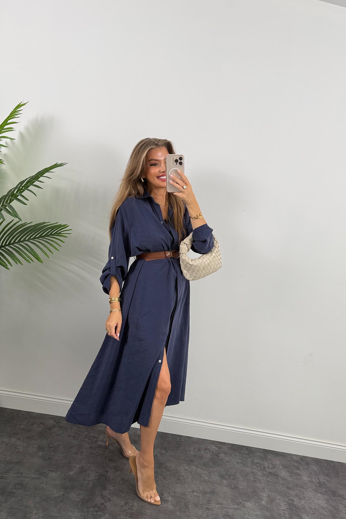 Premium Seri Tensel Kumaş Kemerli Salaş Gömlek Elbise Lacivert