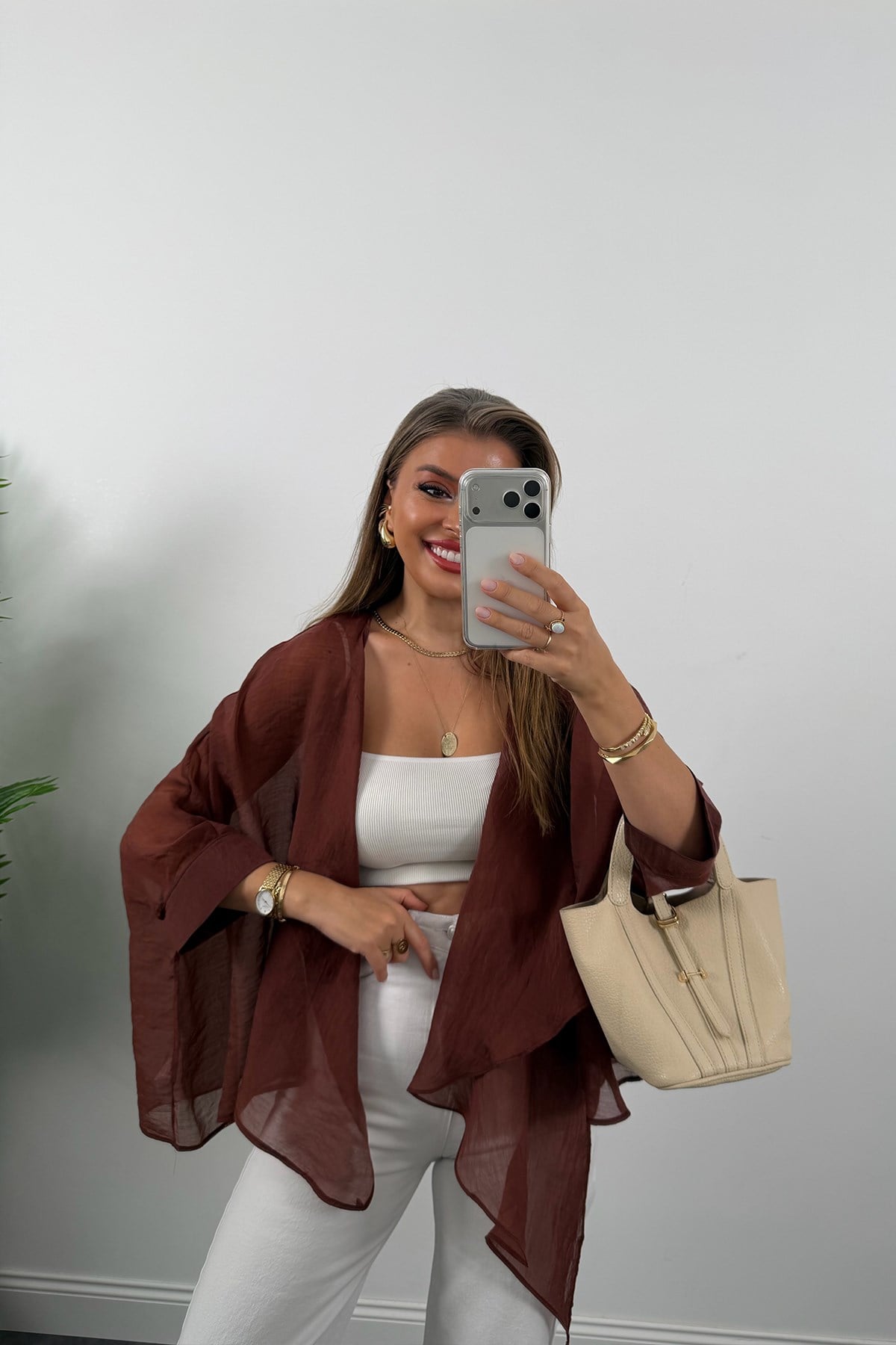 Premium Seri Uçuşan Kumaş Tensel Pelerin Bluz Tarçın