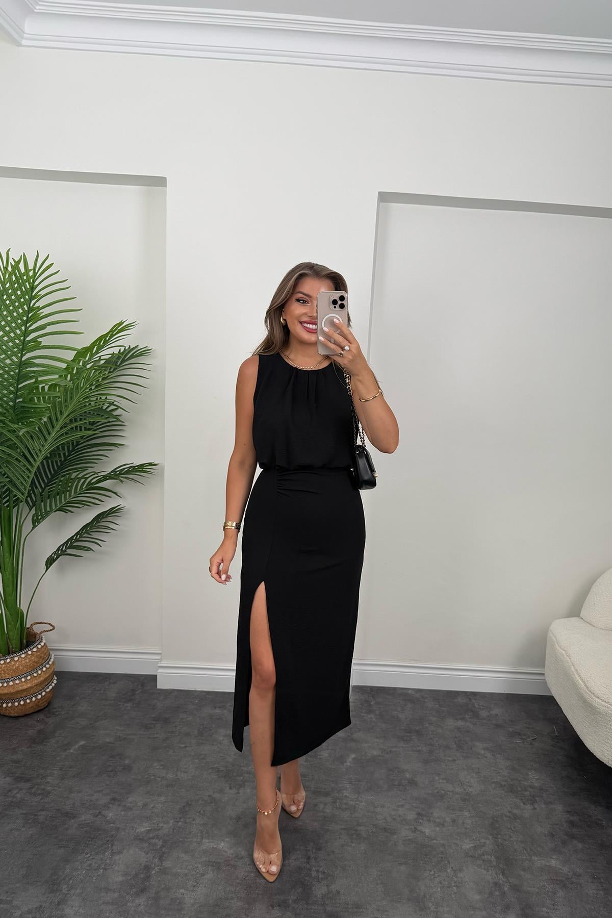 Premium Seri Üstü Dökümlü Yırtmaçlı Drapeli Kalem Elbise Siyah