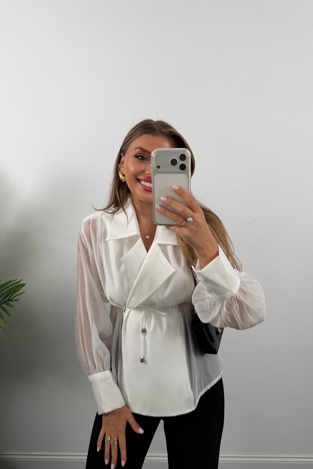 Premium Seri Vatkalı Kruvaze Tensel Bluz Beyaz
