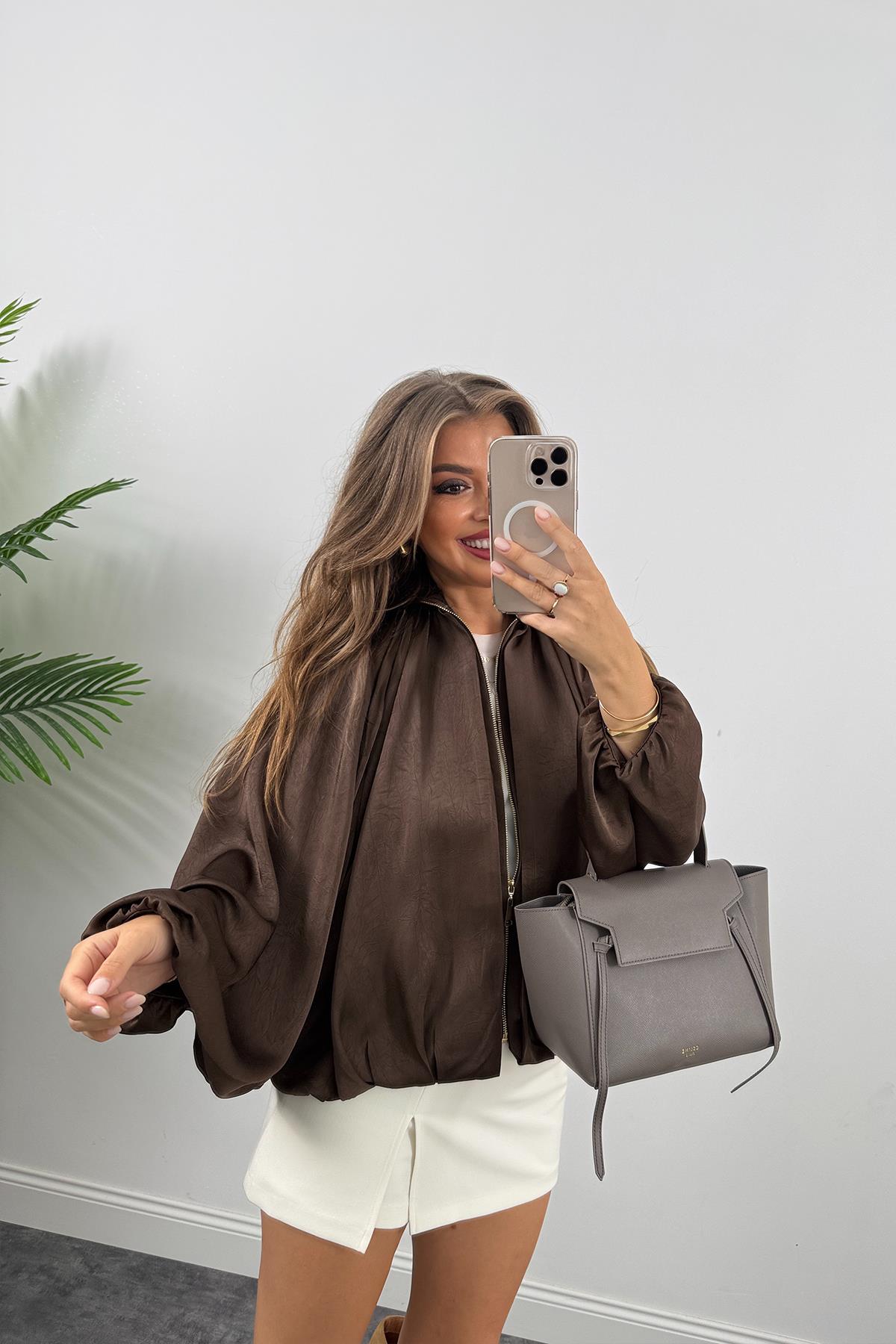 Premium Seri Yarasa Kol Tasarım Saten Bomber Ceket Acı Kahve