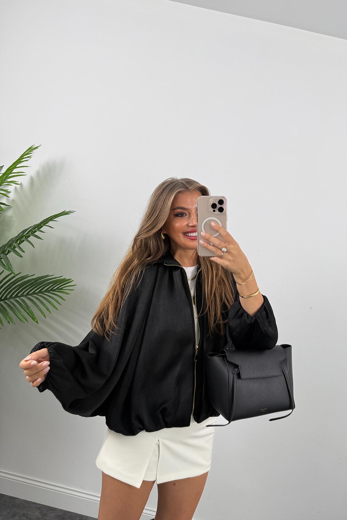 Premium Seri Yarasa Kol Tasarım Saten Bomber Ceket Siyah