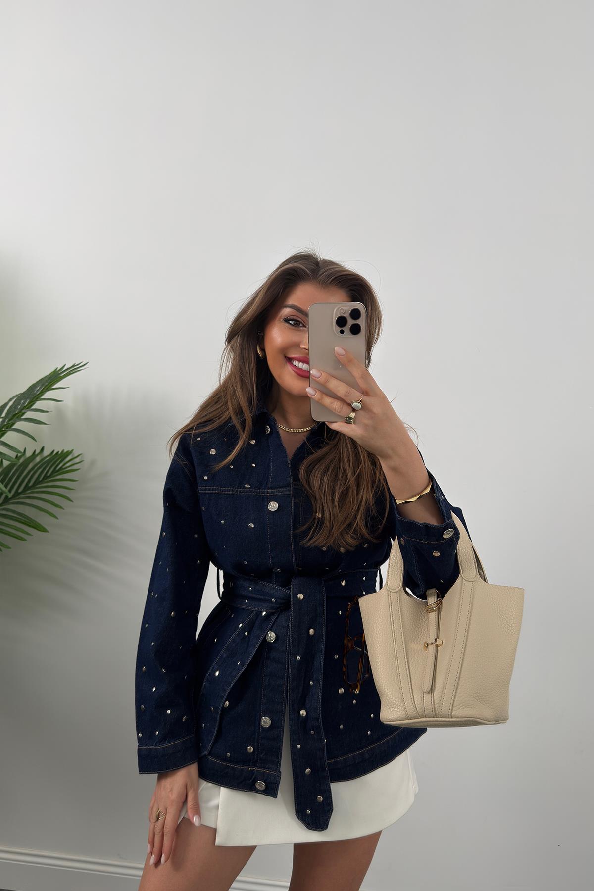 Premium Seri Zımbalı Kuşaklı Tasarım Jean Ceket