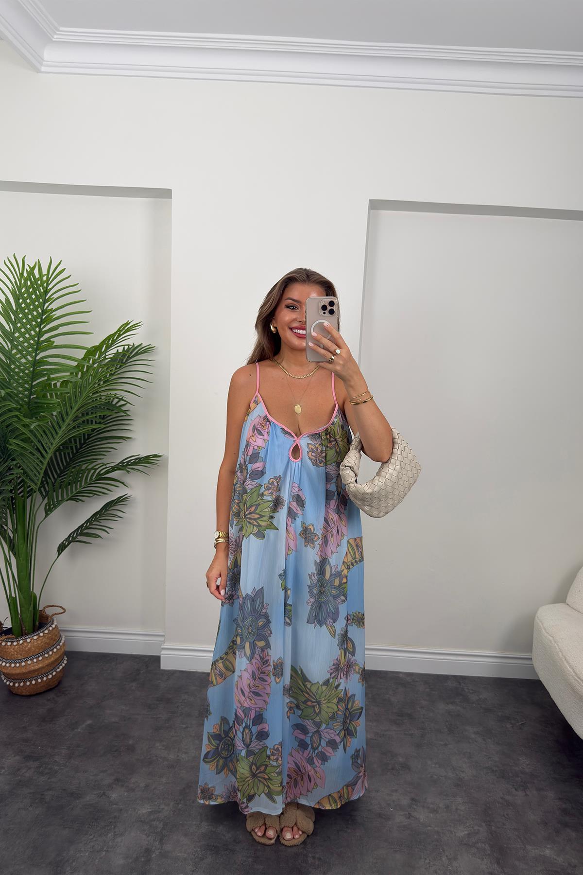 Rüya Serisi Maxi Salaş Şifon Elbise Mavi Desenli