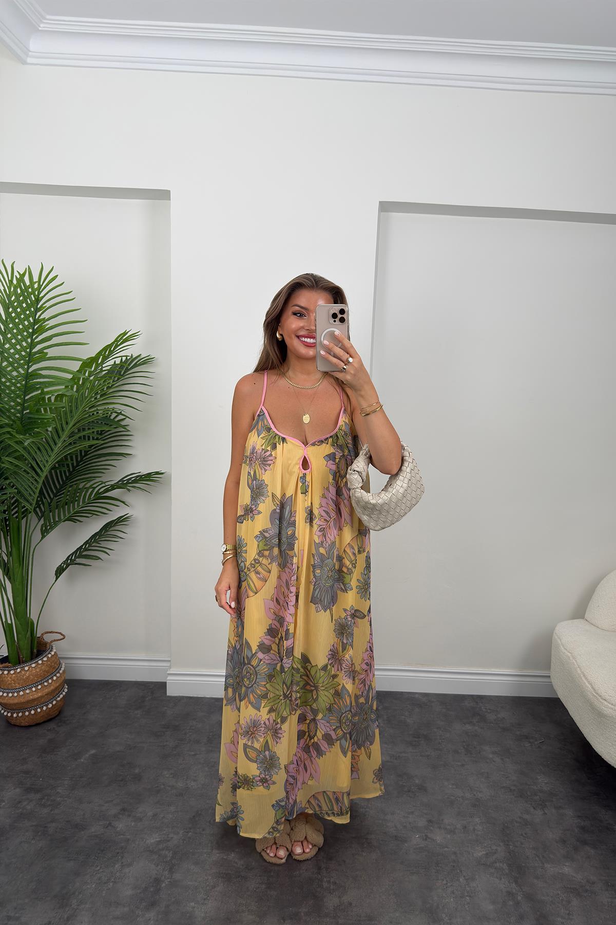 Rüya Serisi Maxi Salaş Şifon Elbise Sarı Desenli