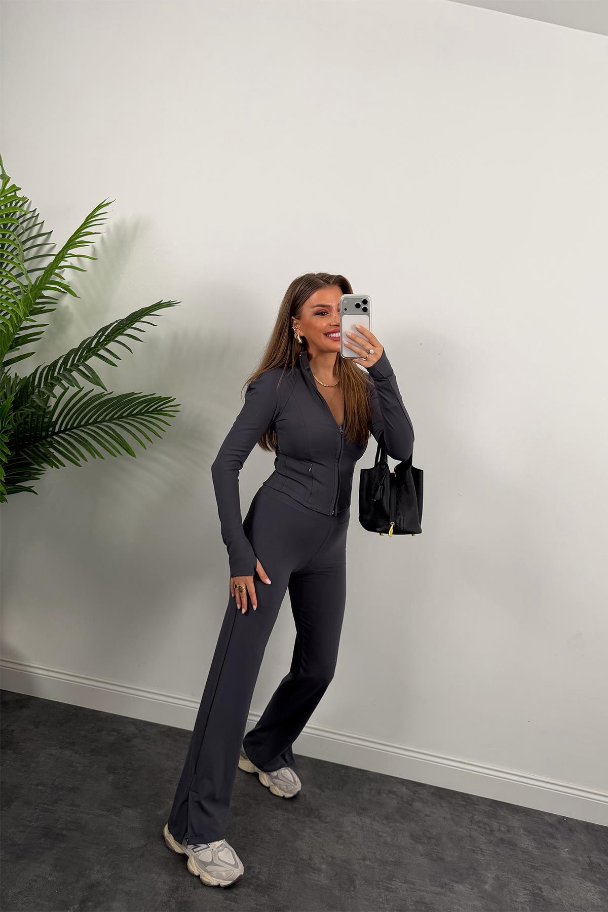 Soft Touch Lüx Kalite Oysh Model Yırtmaçlı Tayt Takım Antrasit