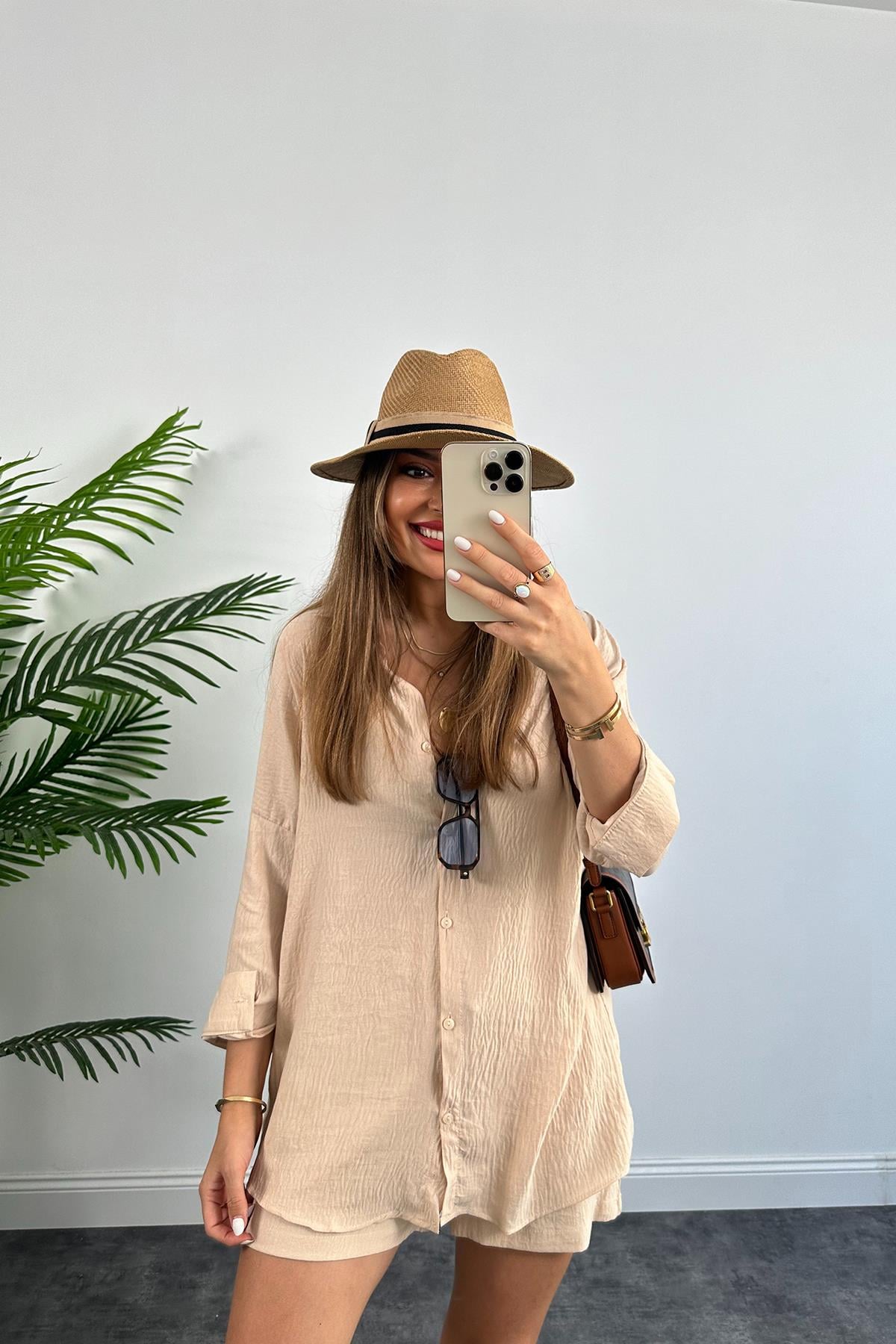 Soft Touch Seri Pamuk Viskon Şort Gömlek Takım Taş