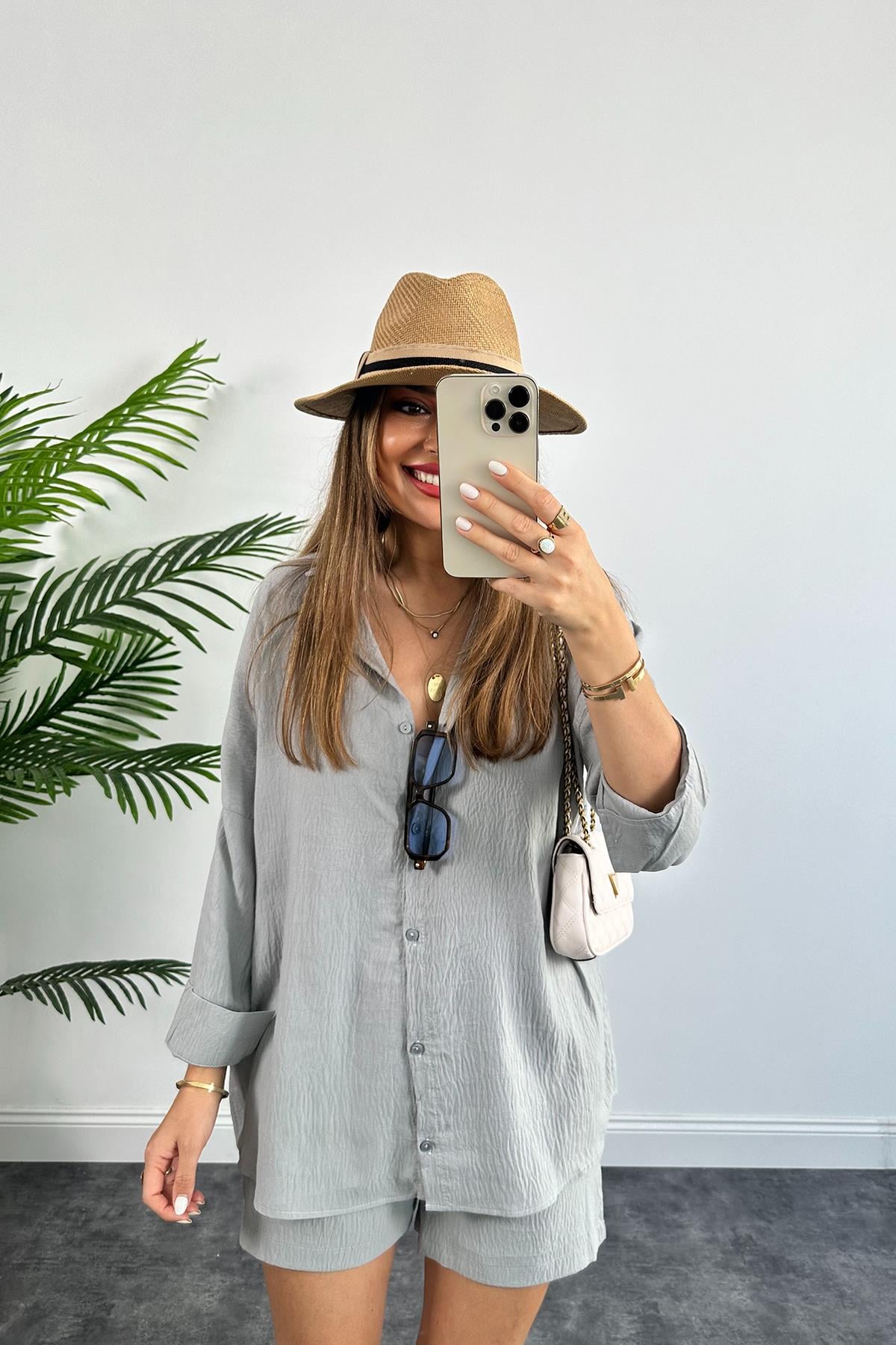 Soft Touch Seri Pamuk Viskon Şort Gömlek Takım Gri