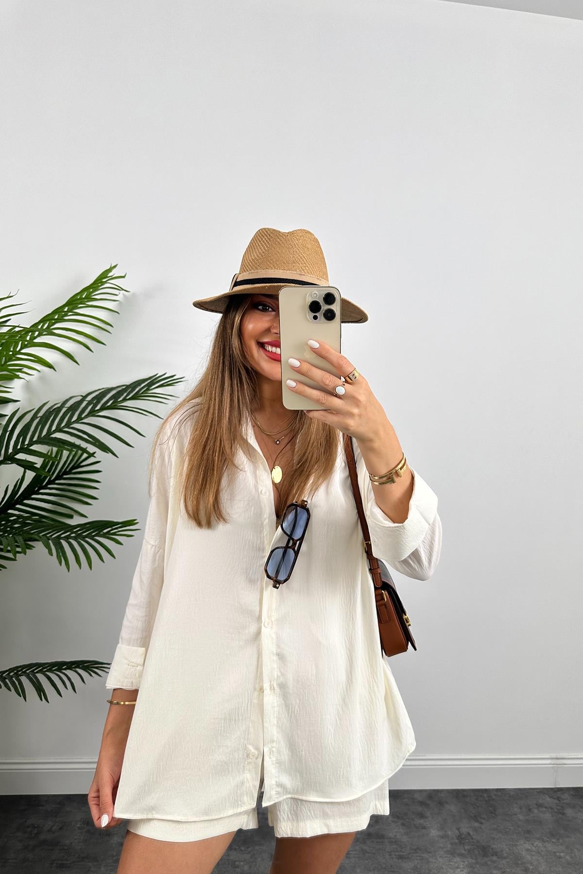 Soft Touch Seri Pamuk Viskon Şort Gömlek Takım Ekru