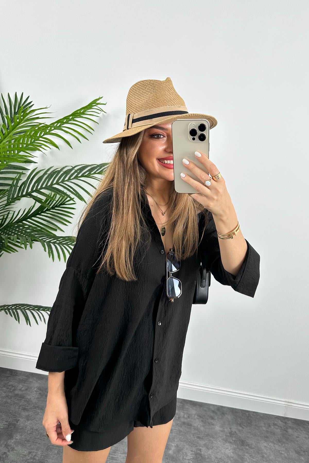 Soft Touch Seri Pamuk Viskon Şort Gömlek Takım Siyah