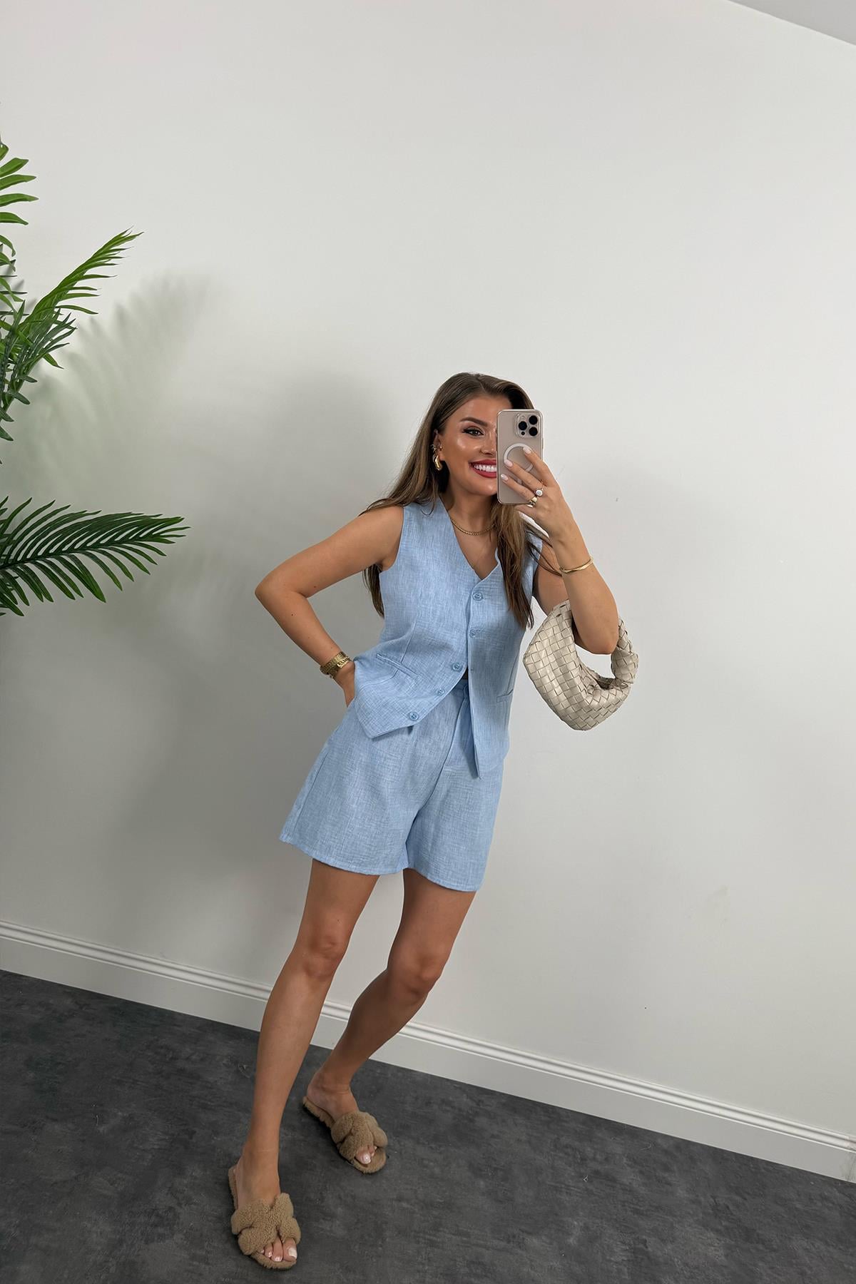 Şort Etek Keten Basic Takım Mavi