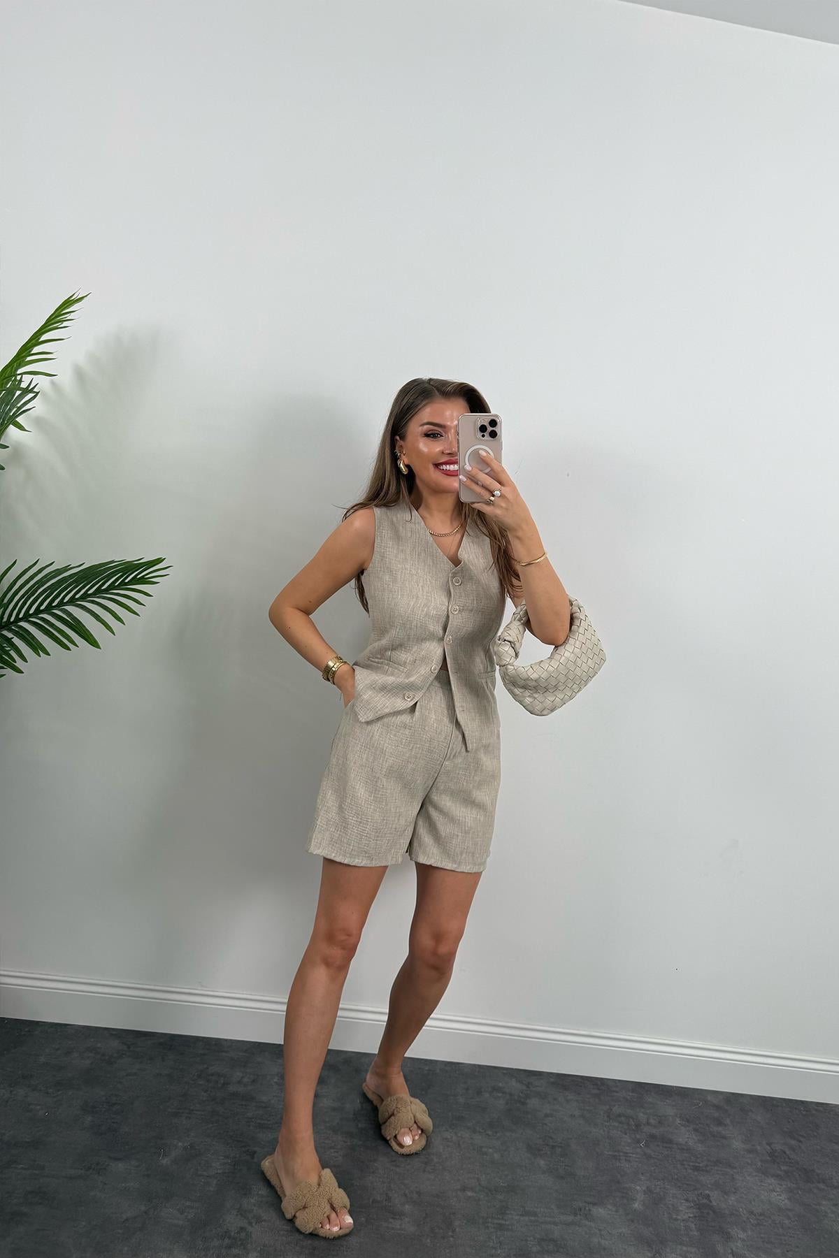 Şort Etek Keten Basic Takım Taş