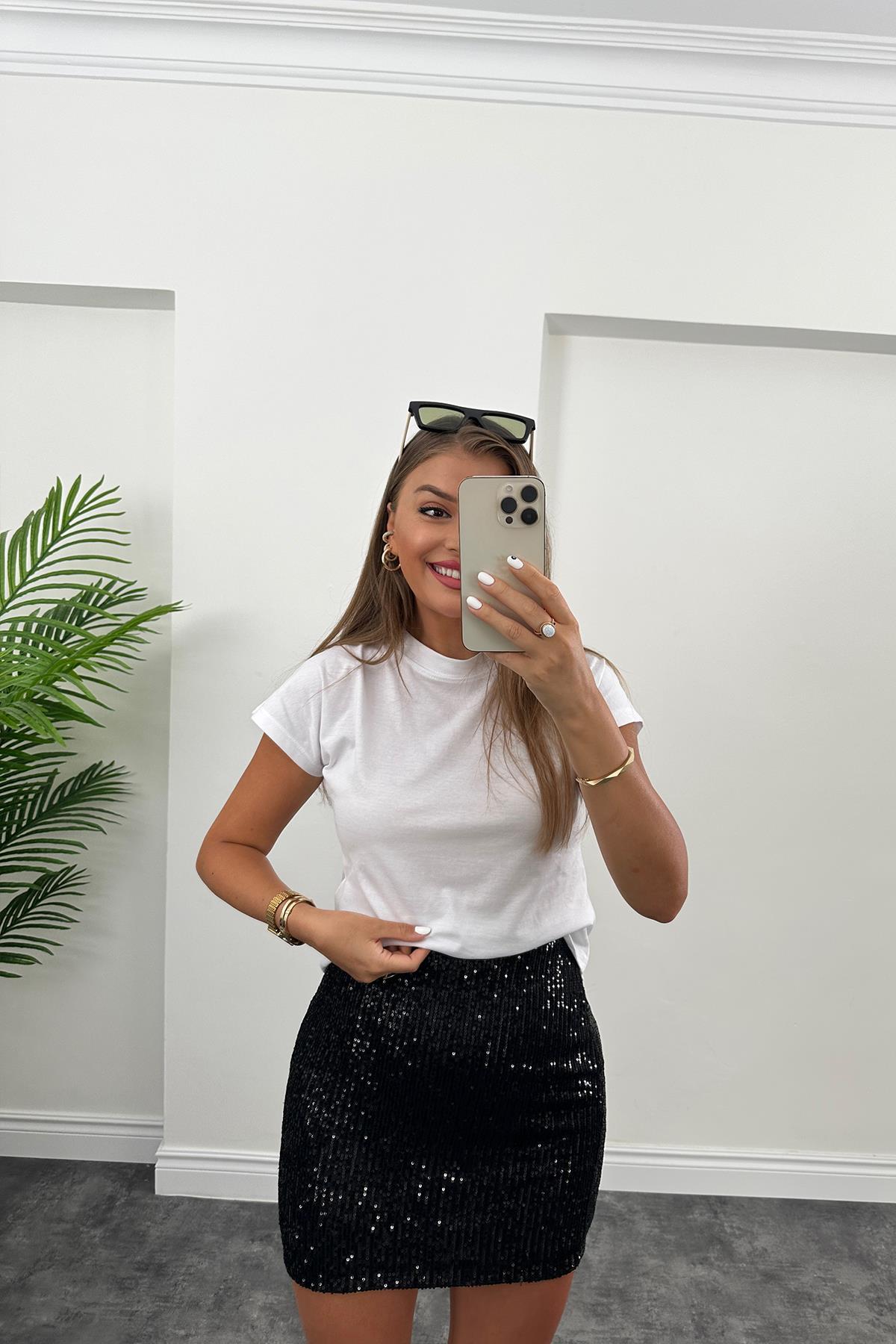 Tam Pamuklu Dik Yaka Basic Tshirt Beyaz 
