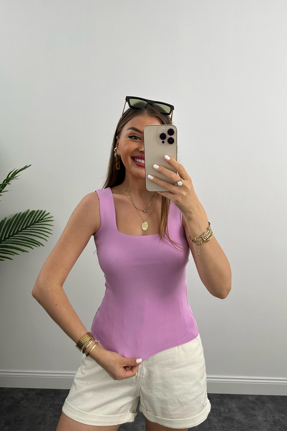 Uzun Boy Elit Triko Kare Yaka Likralı Atlet Lila