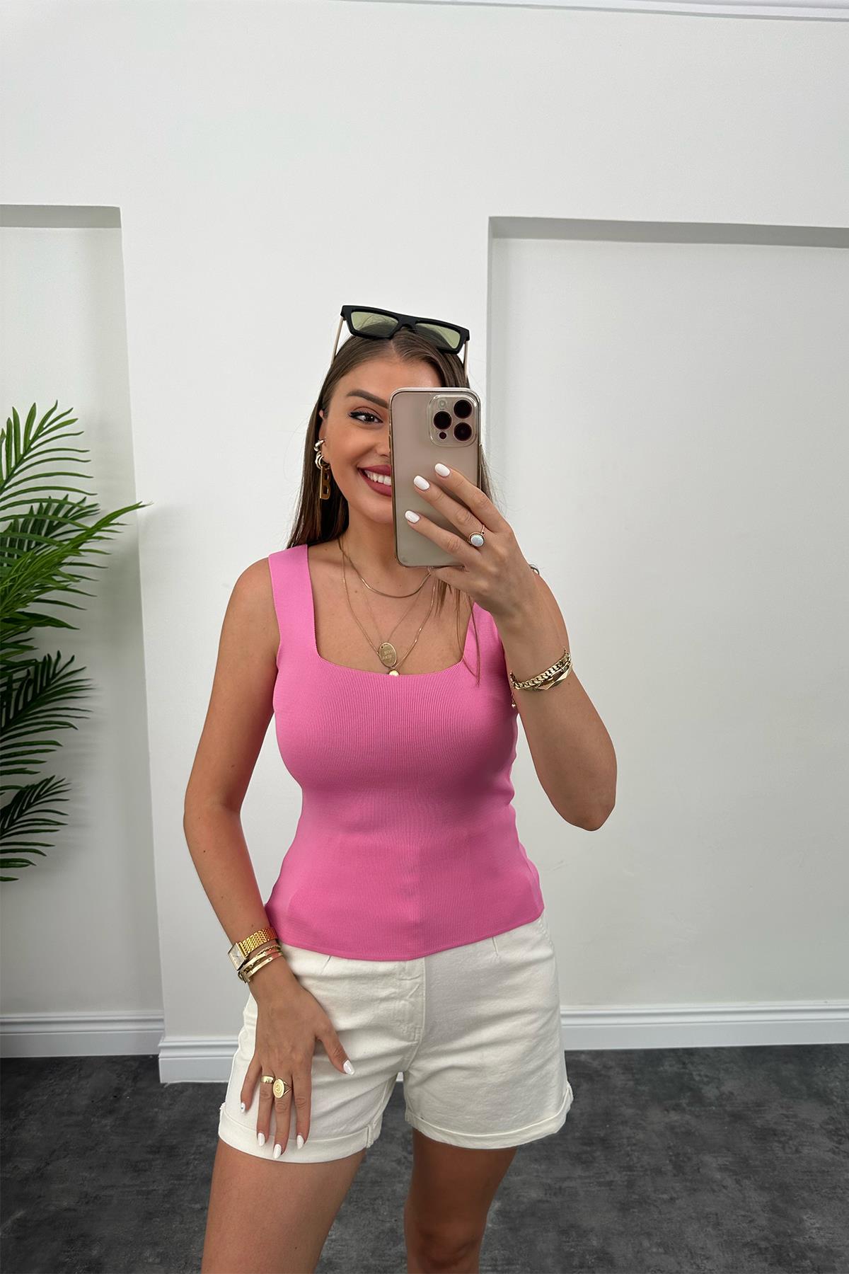 Uzun Boy Elit Triko Kare Yaka Likralı Atlet Pembe