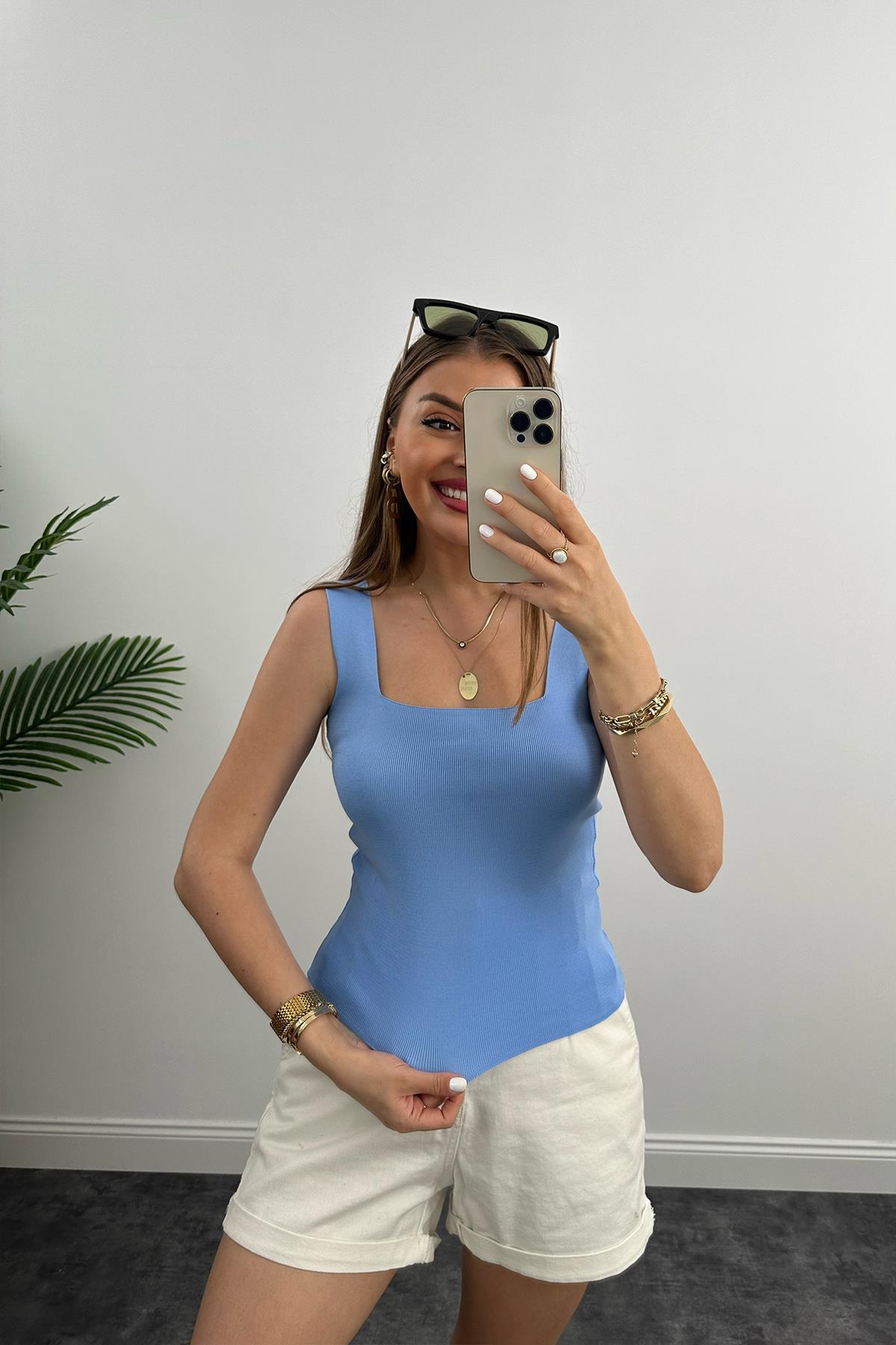 Uzun Boy Elit Triko Kare Yaka Likralı Atlet Pastel Mavi