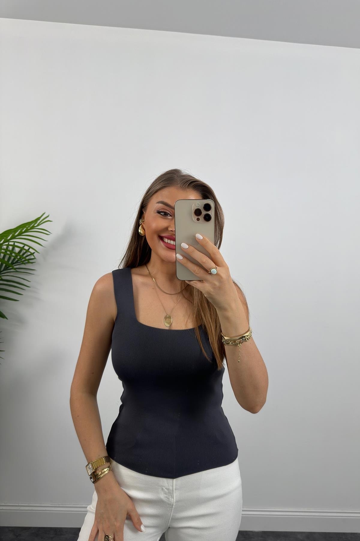 Uzun Boy Elit Triko Kare Yaka Likralı Atlet Antrasit