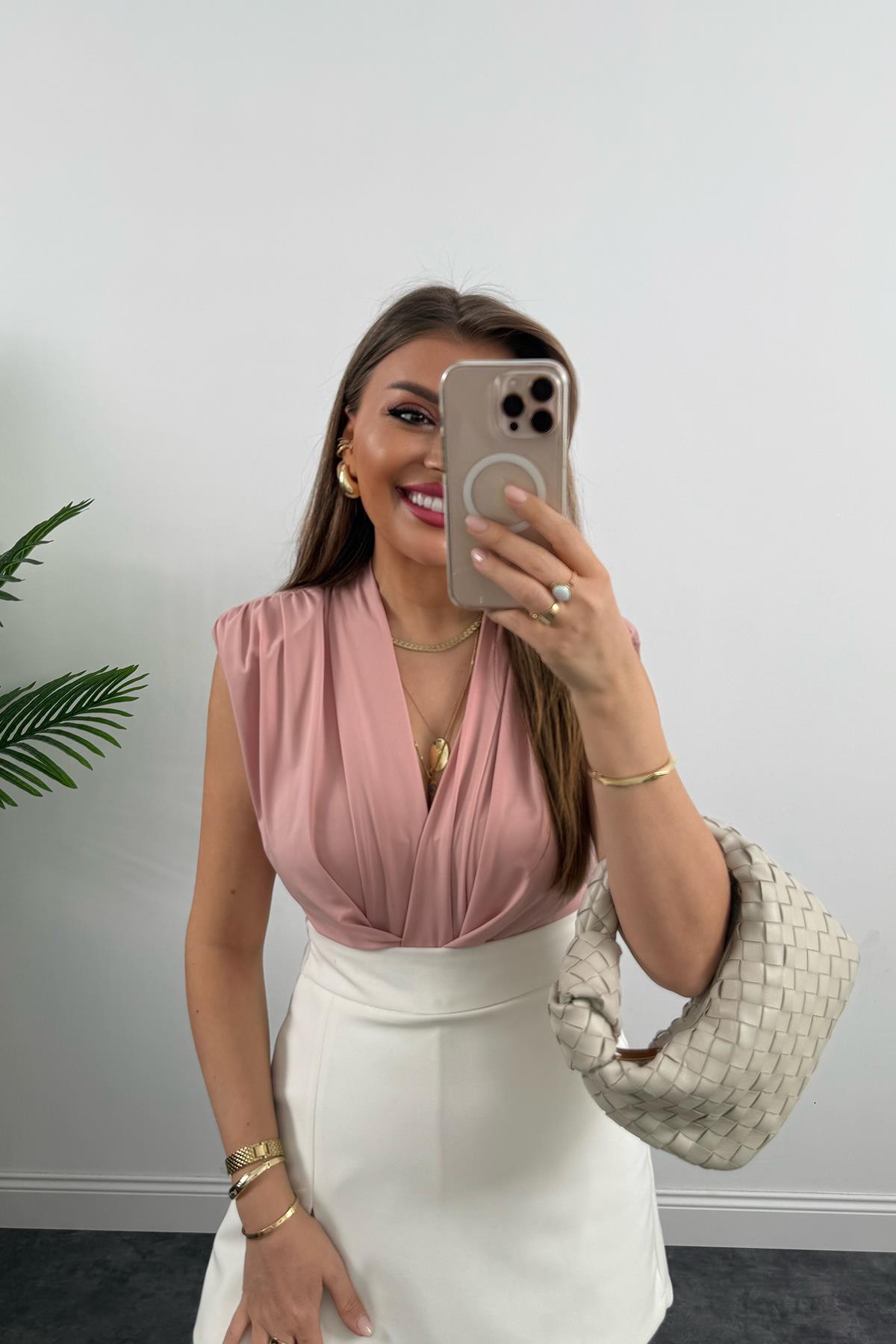 Vatkalı Likralı Sıfır Kol Drapeli Bodysuit Tatlı Pembe