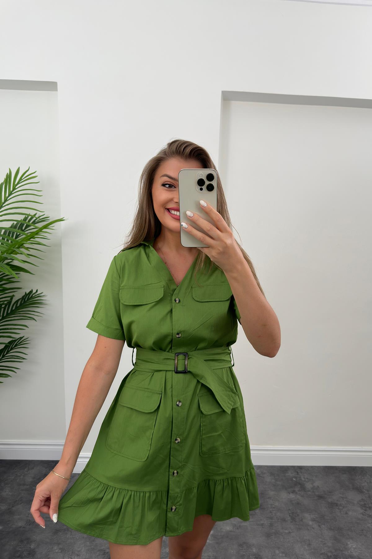 Zara Model Eteği Fırfırlı Poplin Elbise Yeşil