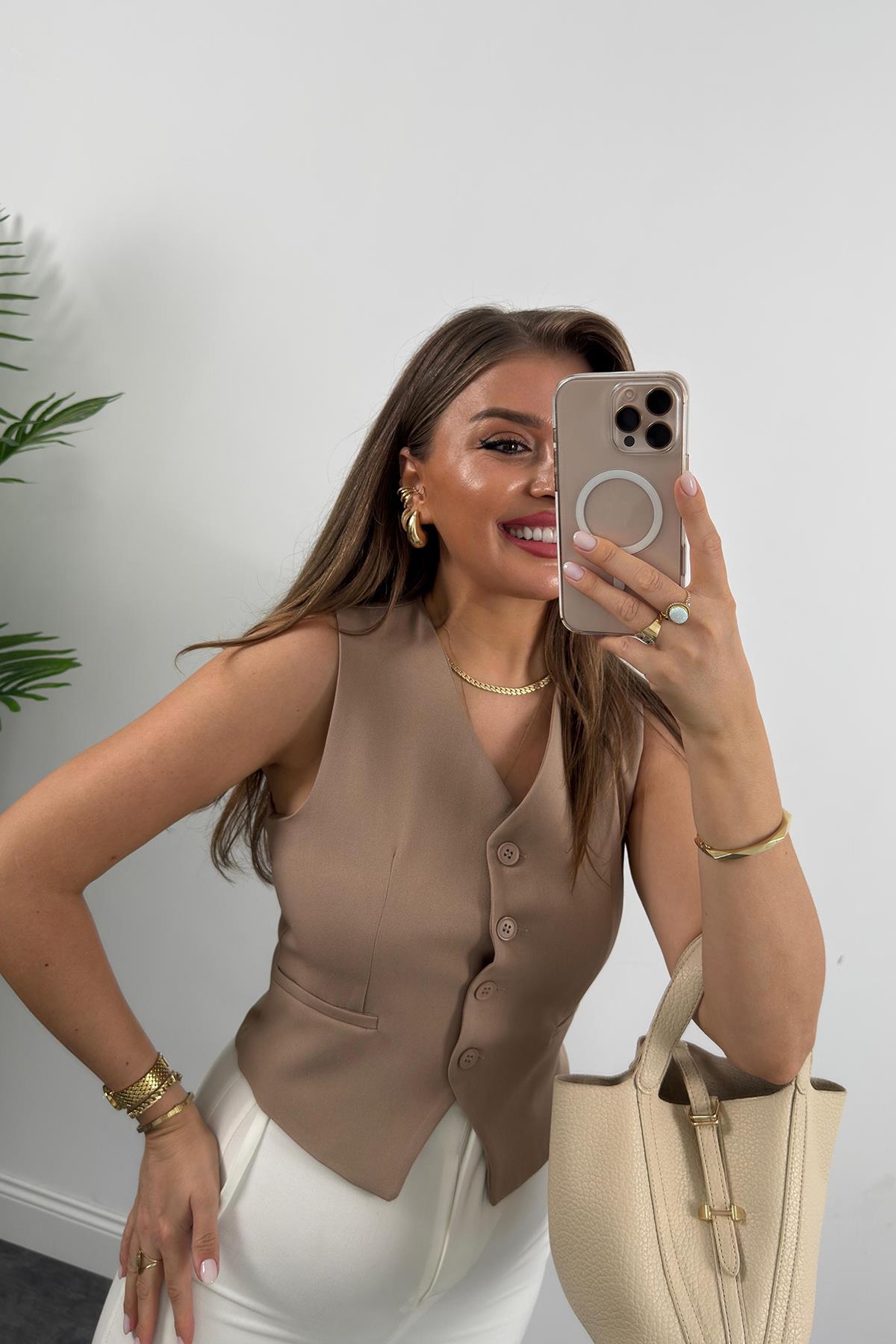 Zra Model Double Atlas Kumaş Astarlı Basic Yelek Vizon