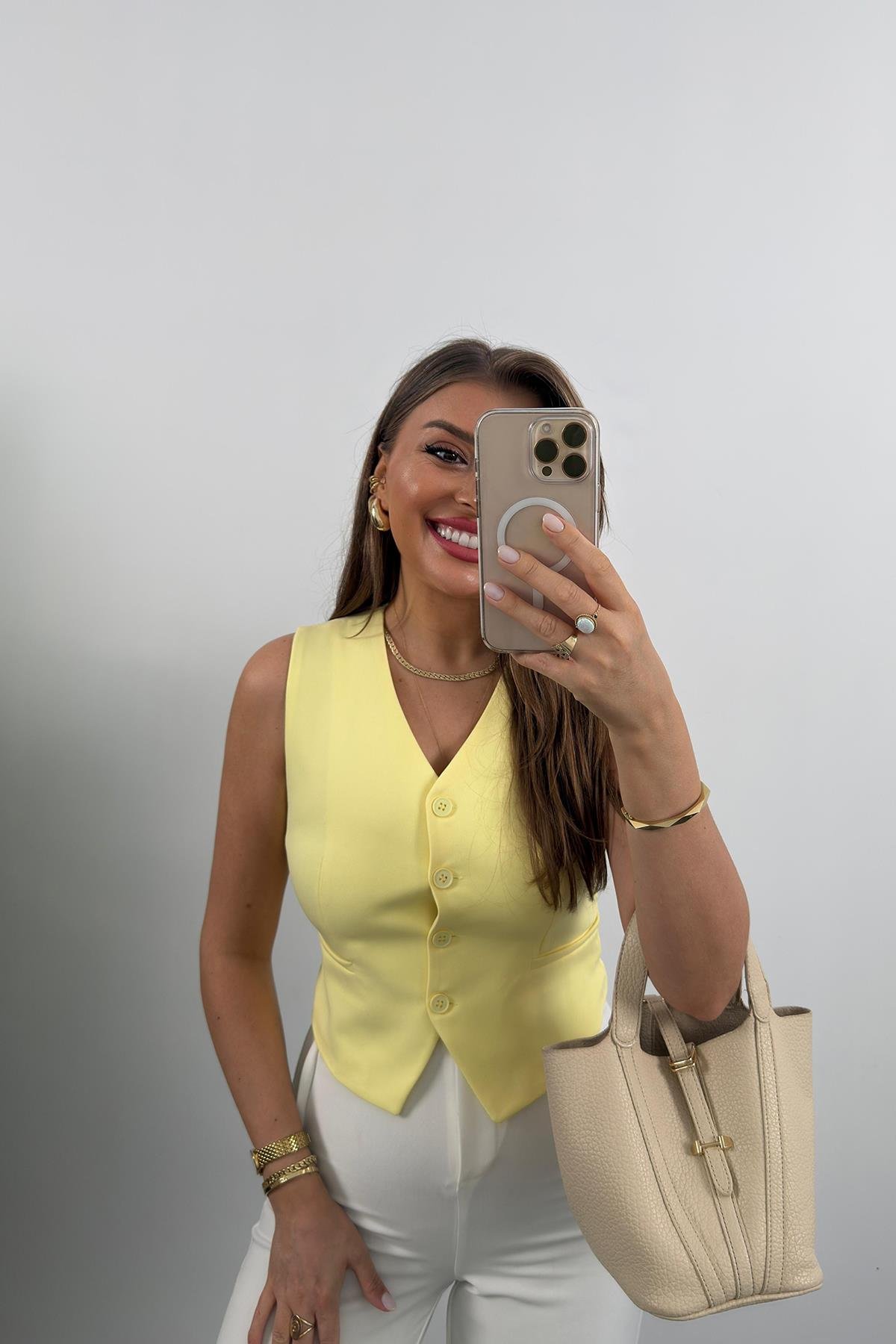 Zra Model Double Atlas Kumaş Astarlı Basic Yelek Pastel Sarı