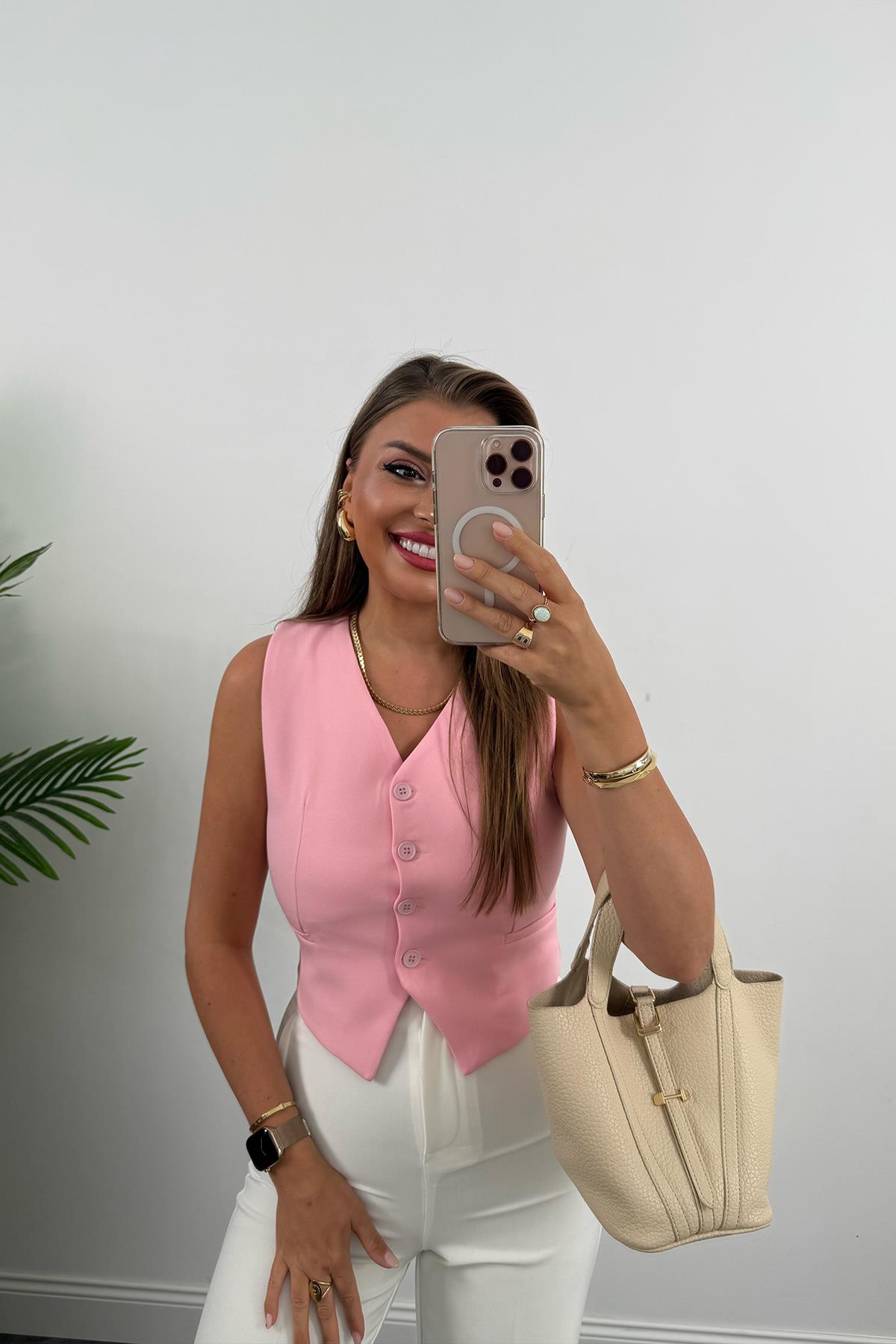 Zra Model Double Atlas Kumaş Astarlı Basic Yelek Tatlı Pembe