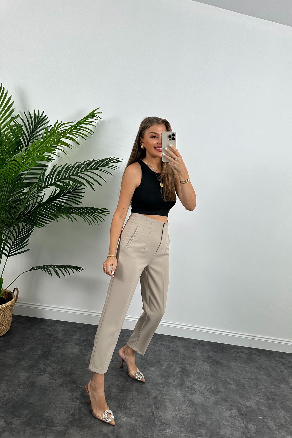 Zra Model Double Atlas Kumaş Yüksek Bel Flatolu Kumaş Pantolon Taş